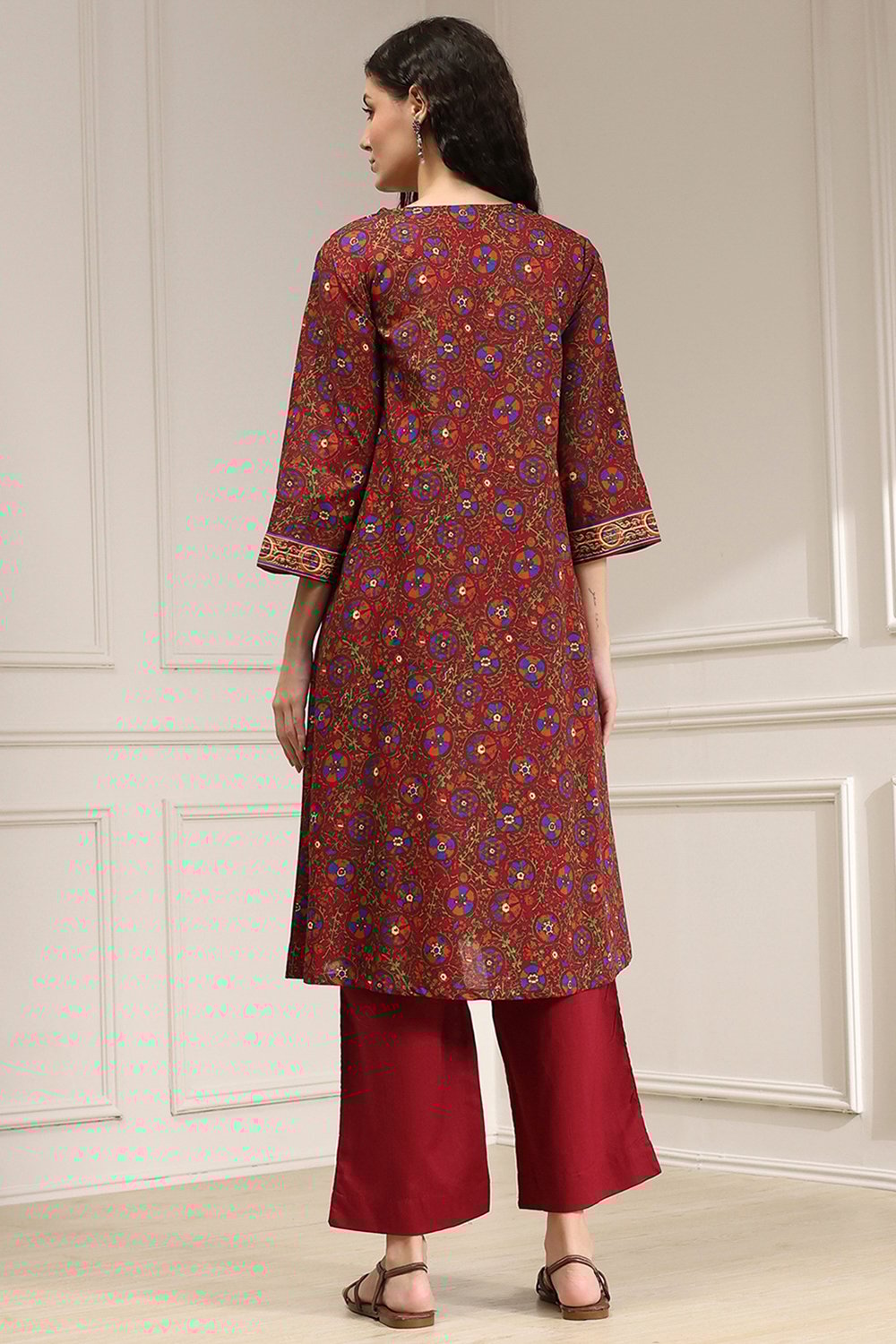 Rust and Blue Cotton Printed A-Line Suit Set image number 4