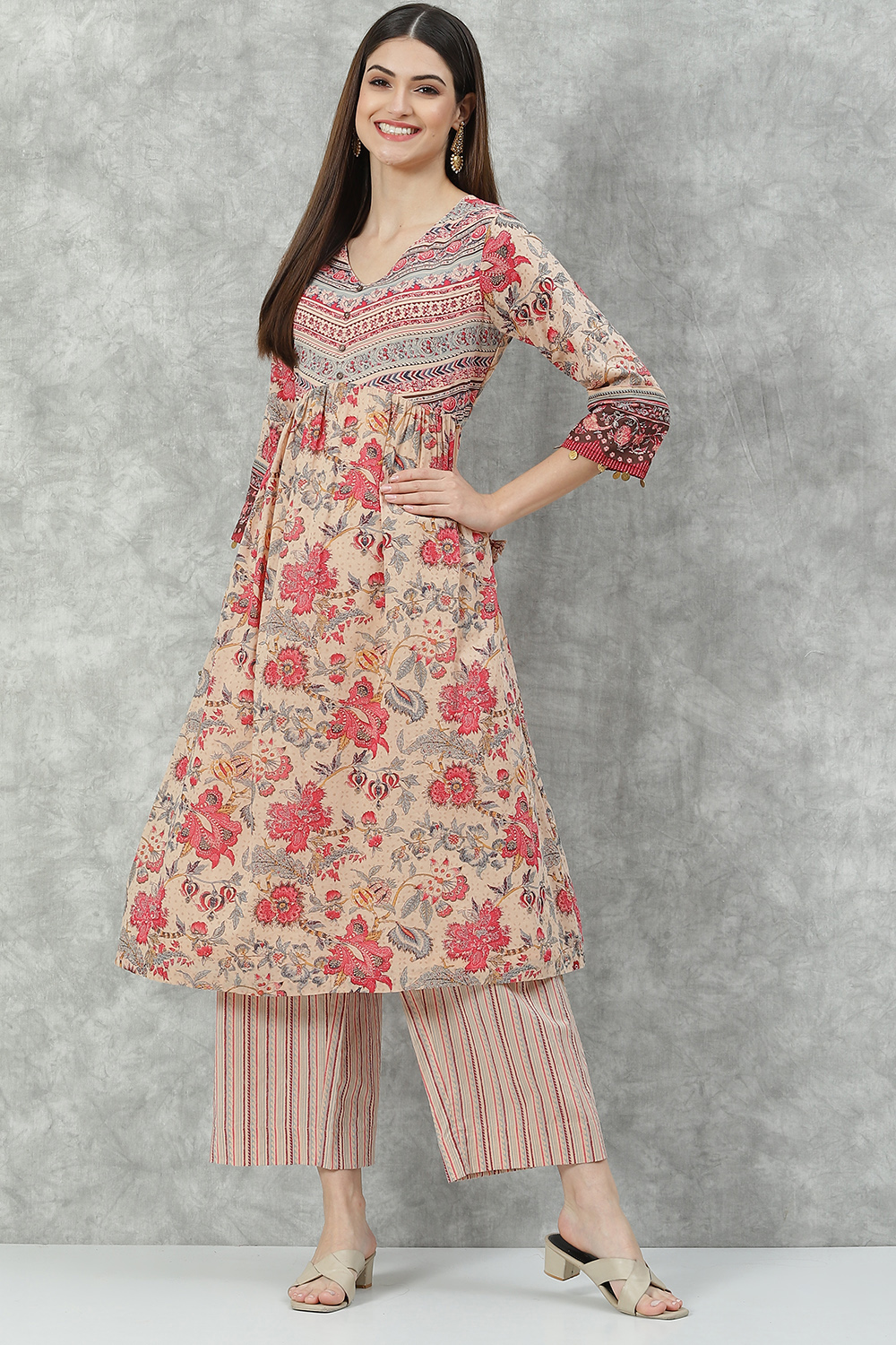 Beige Cotton A-Line Kurta Palazzo Suit Set image number 3