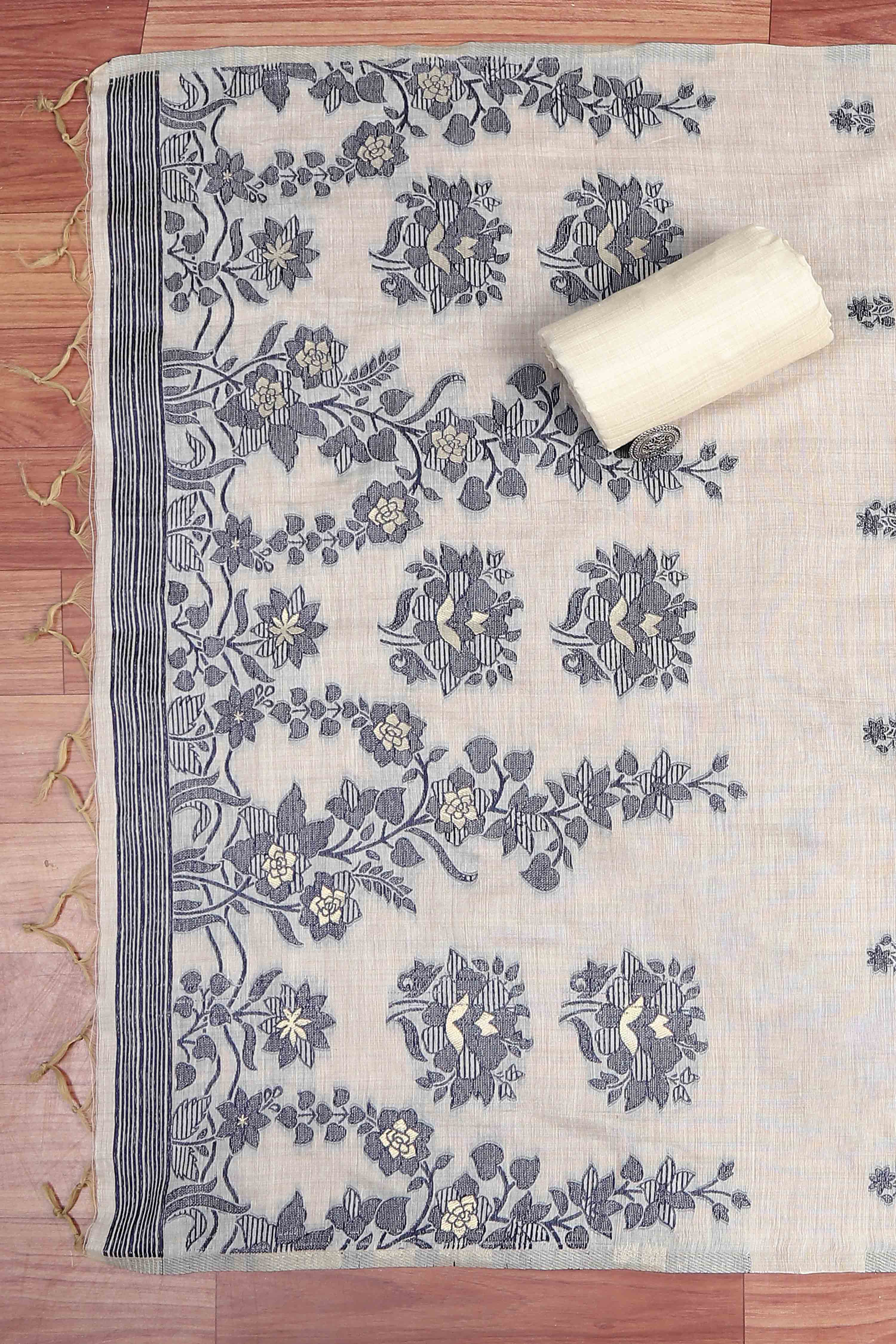Blue Chanderi Printed Unstitched Suit Set image number 3
