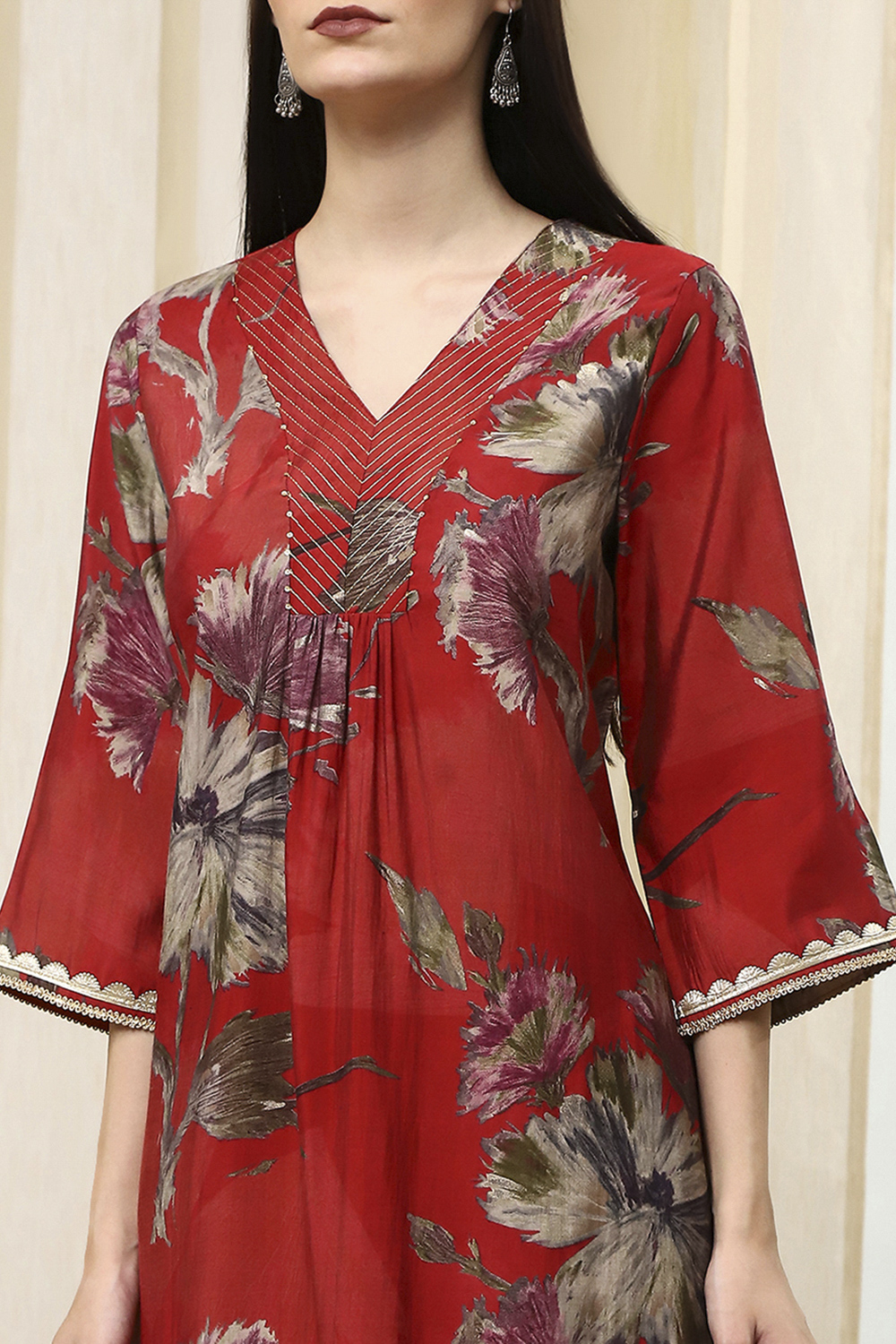 Coral Red Floral Printed Straight Kurta image number 1