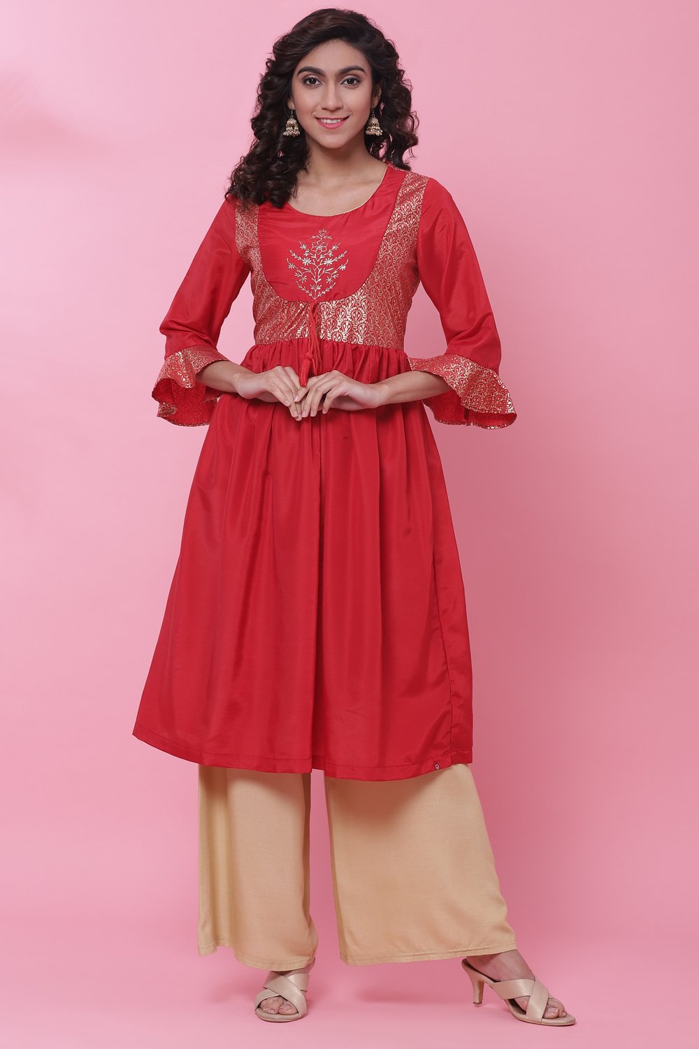 Red Art Silk Flared Kurta image number 0