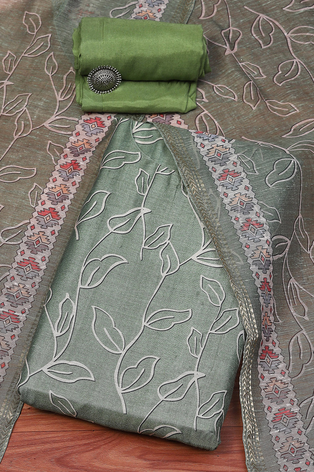 Olive Chanderi Unstitched Suit set image number 0