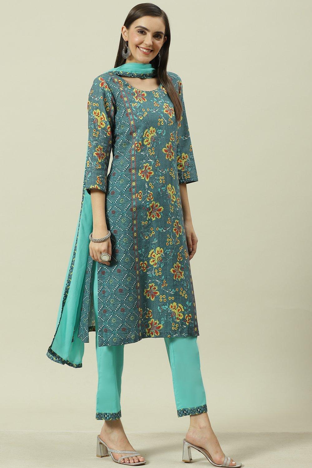 Blue Printed Straight Kurta Regular Pants Suit Set image number 0