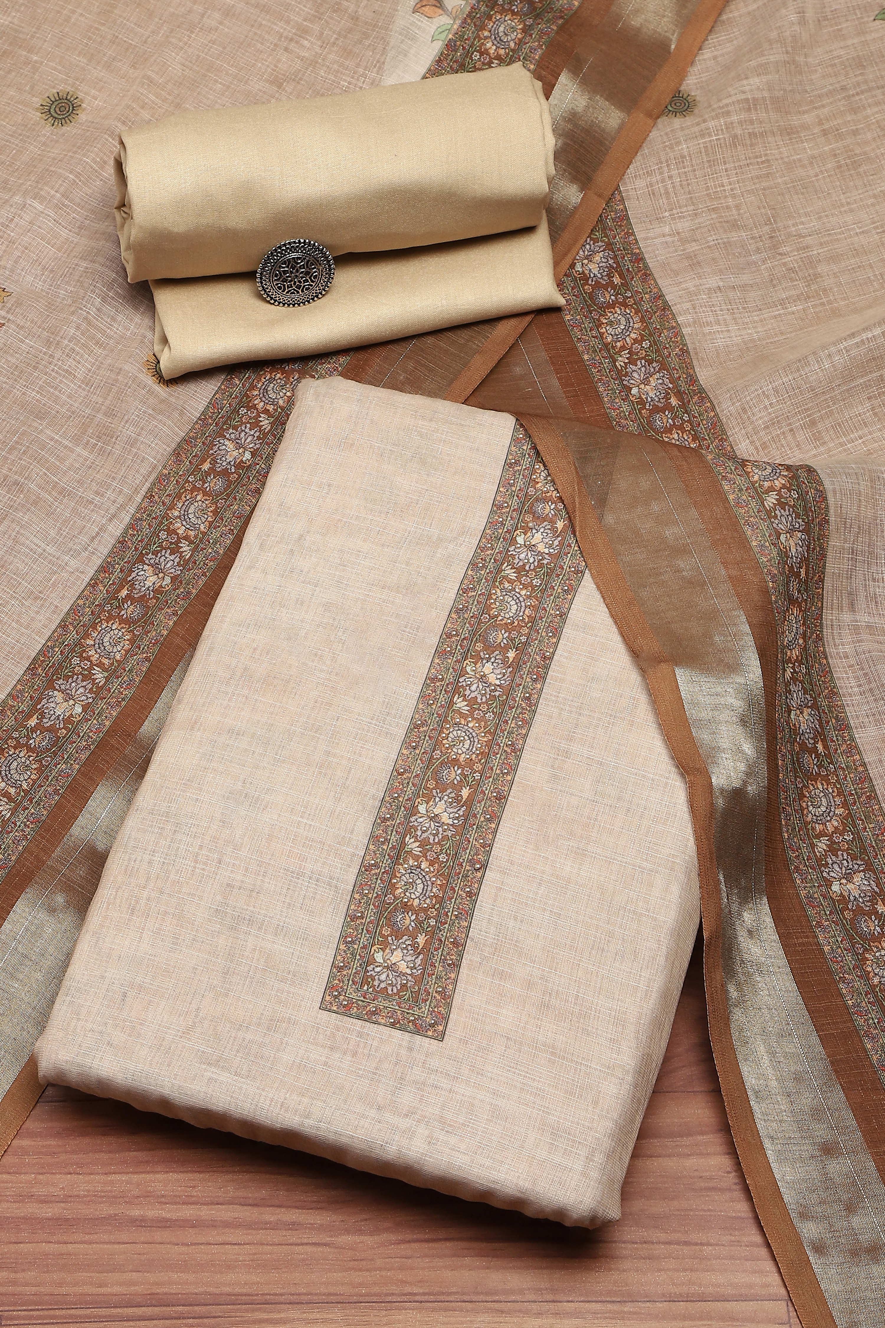 Peach Chanderi  Neck Patti Unstitched Suit Set image number 0