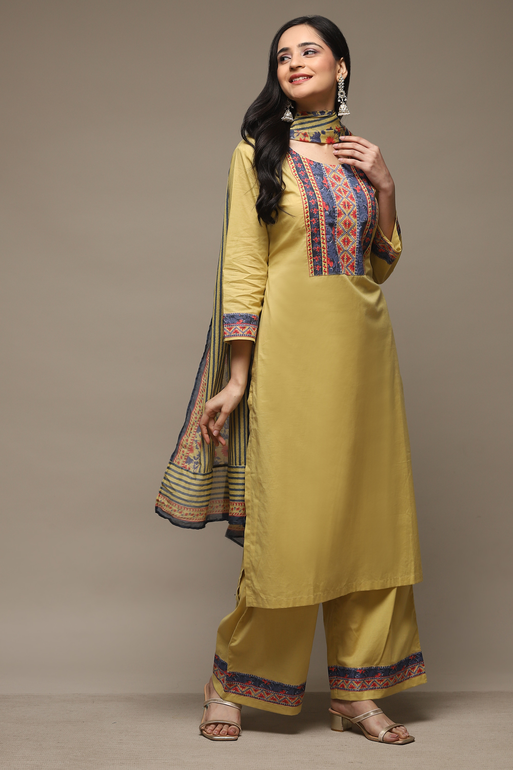 Beige Cotton Straight Kurta Palazzo Suit Set image number 6