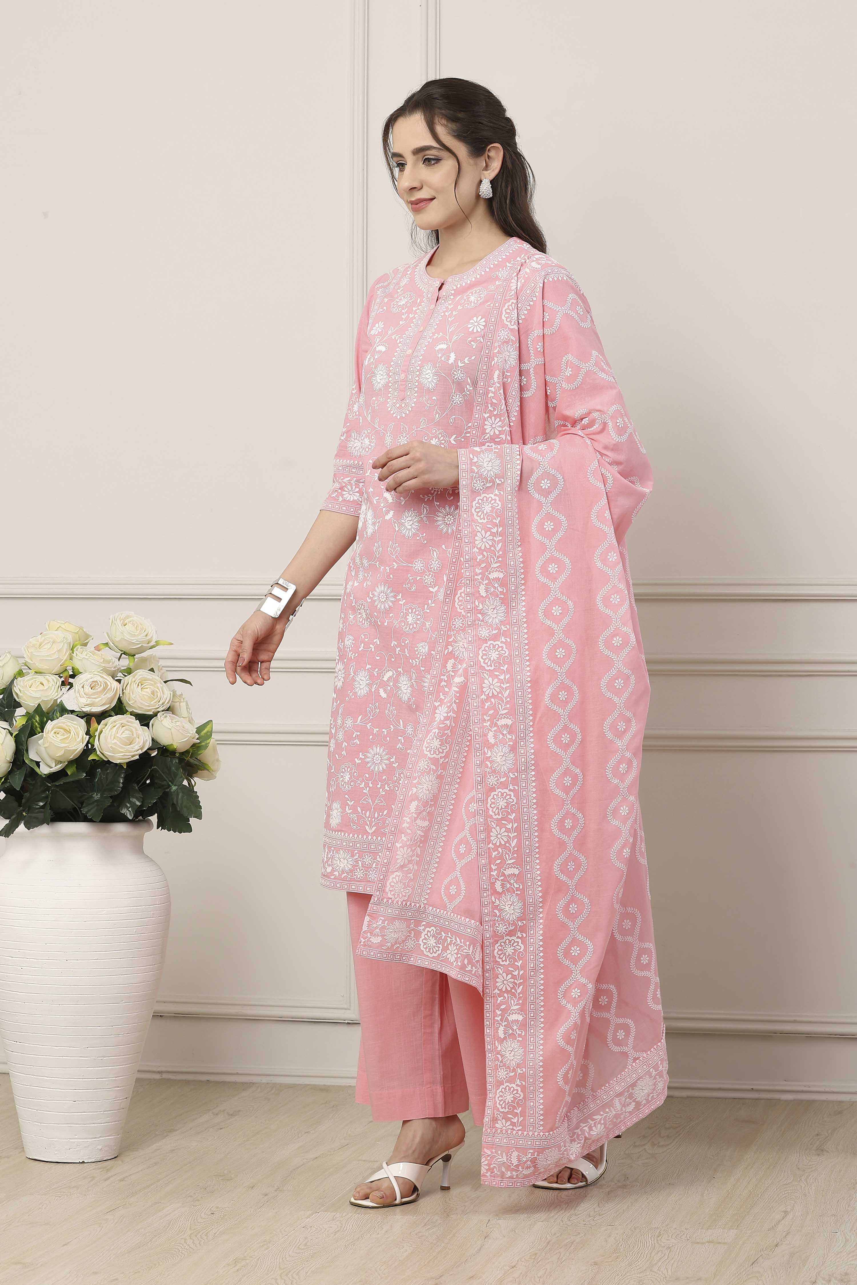 Pink & White Cotton Floral Printed Straight Suit Set image number 3