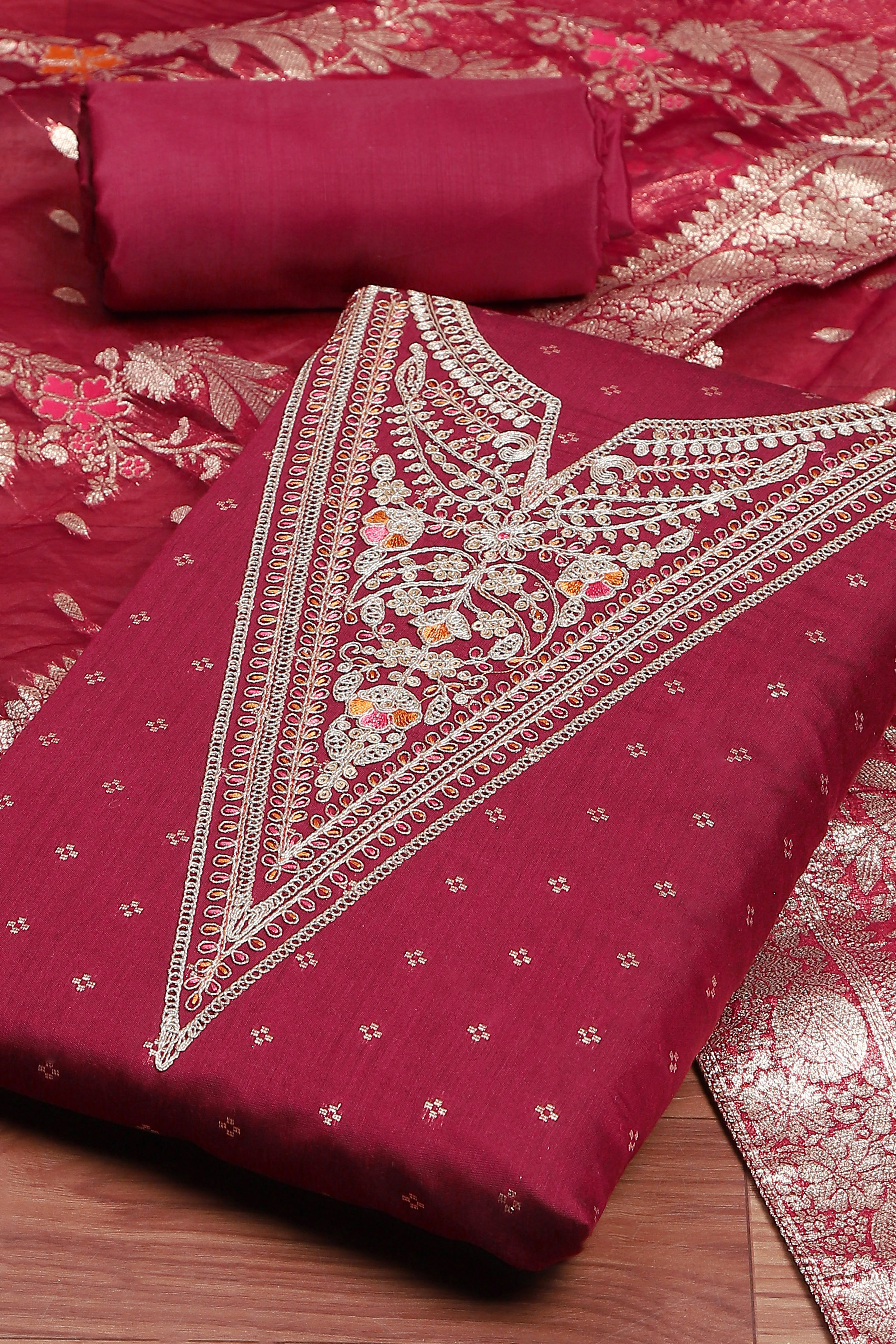 Botle Green Tissue Chanderi Embroidered Unstitched Suit Set image number 1