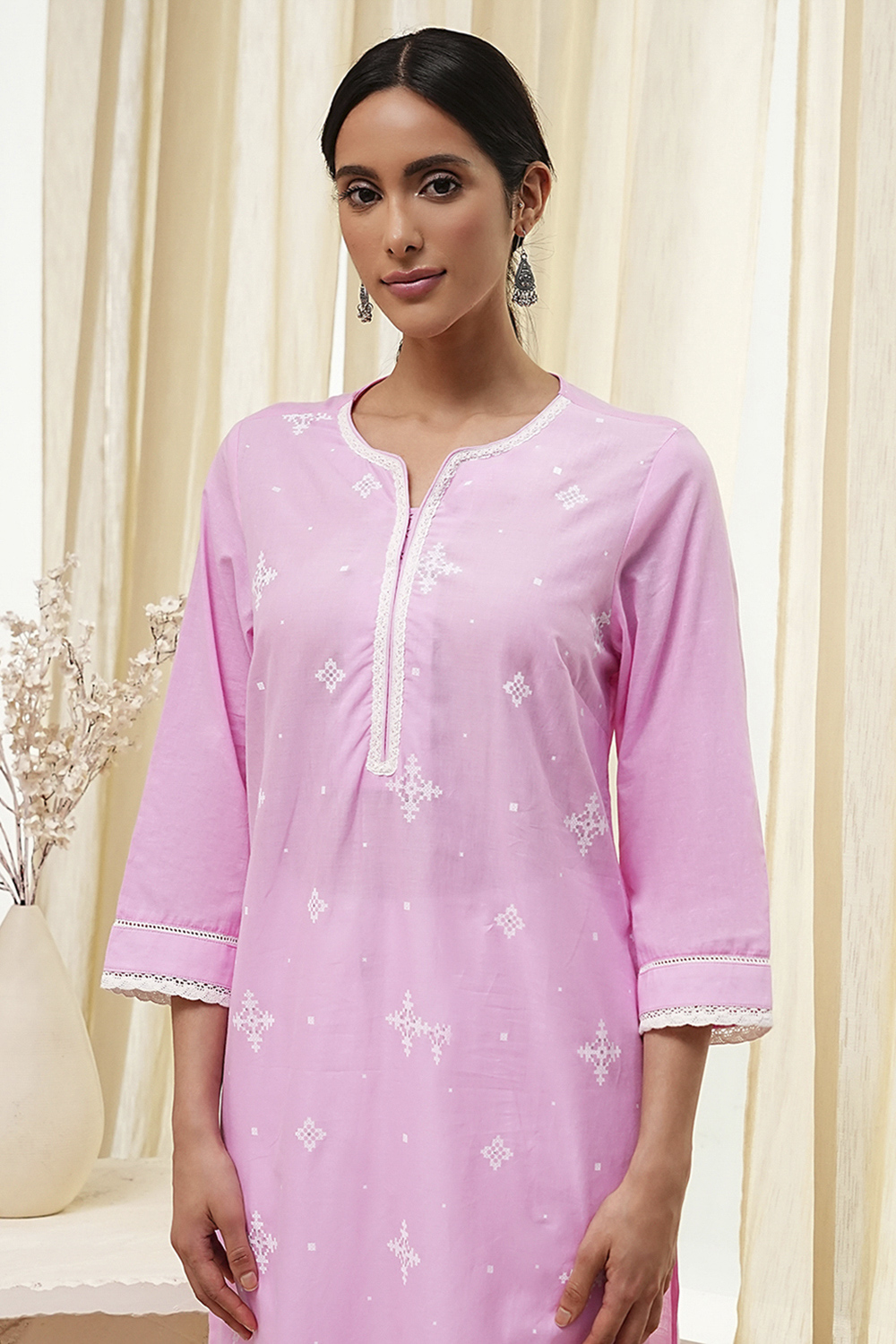 Light Pink Cotton Straight Kurta image number 1