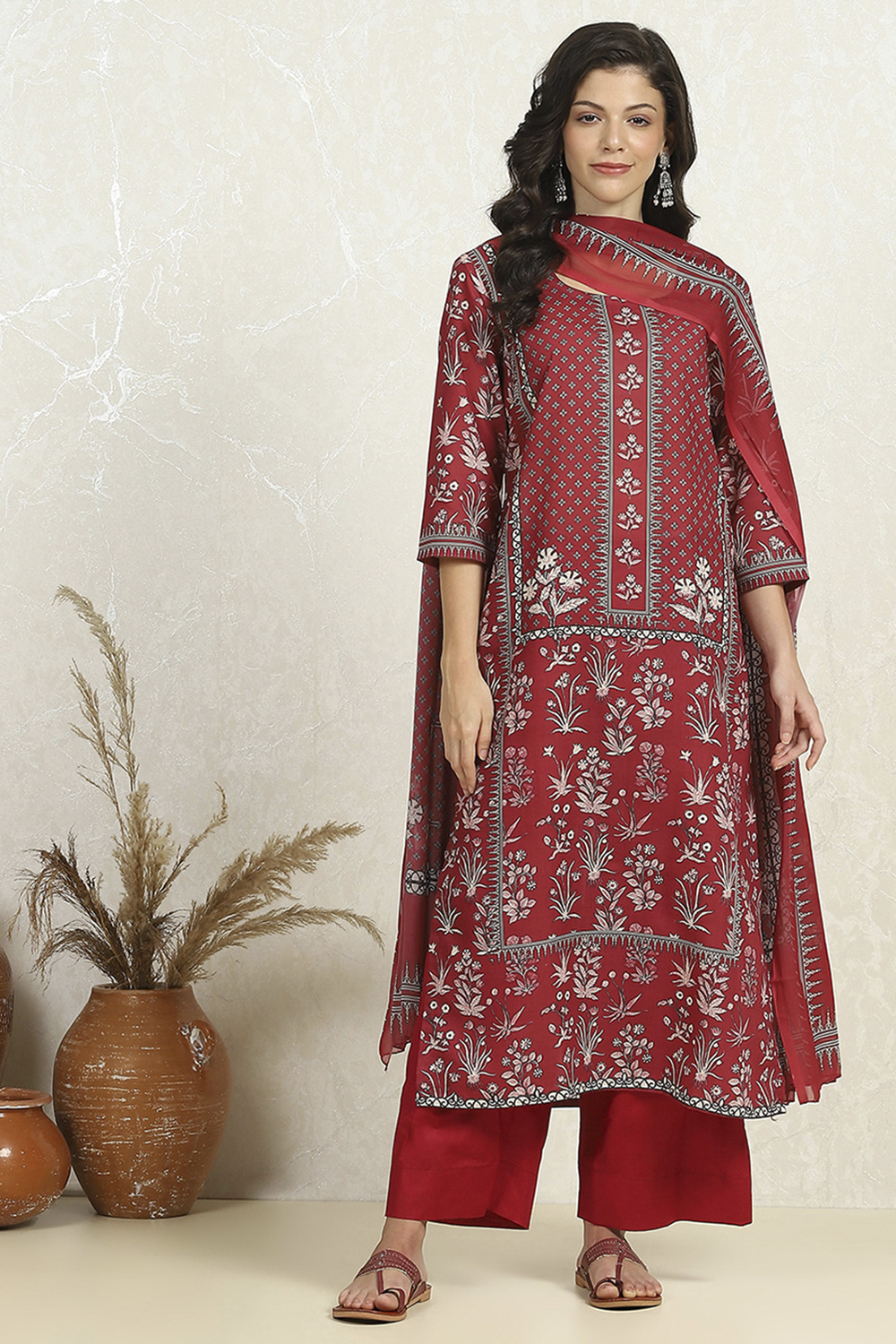 Green-Maroon Cotton Unstitched Suit Set image number 7