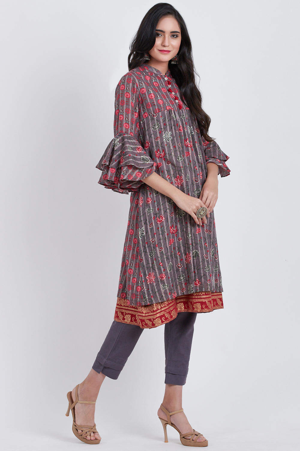 Dark Grey Metallic Cotton A-Line Printed Kurta image number 3