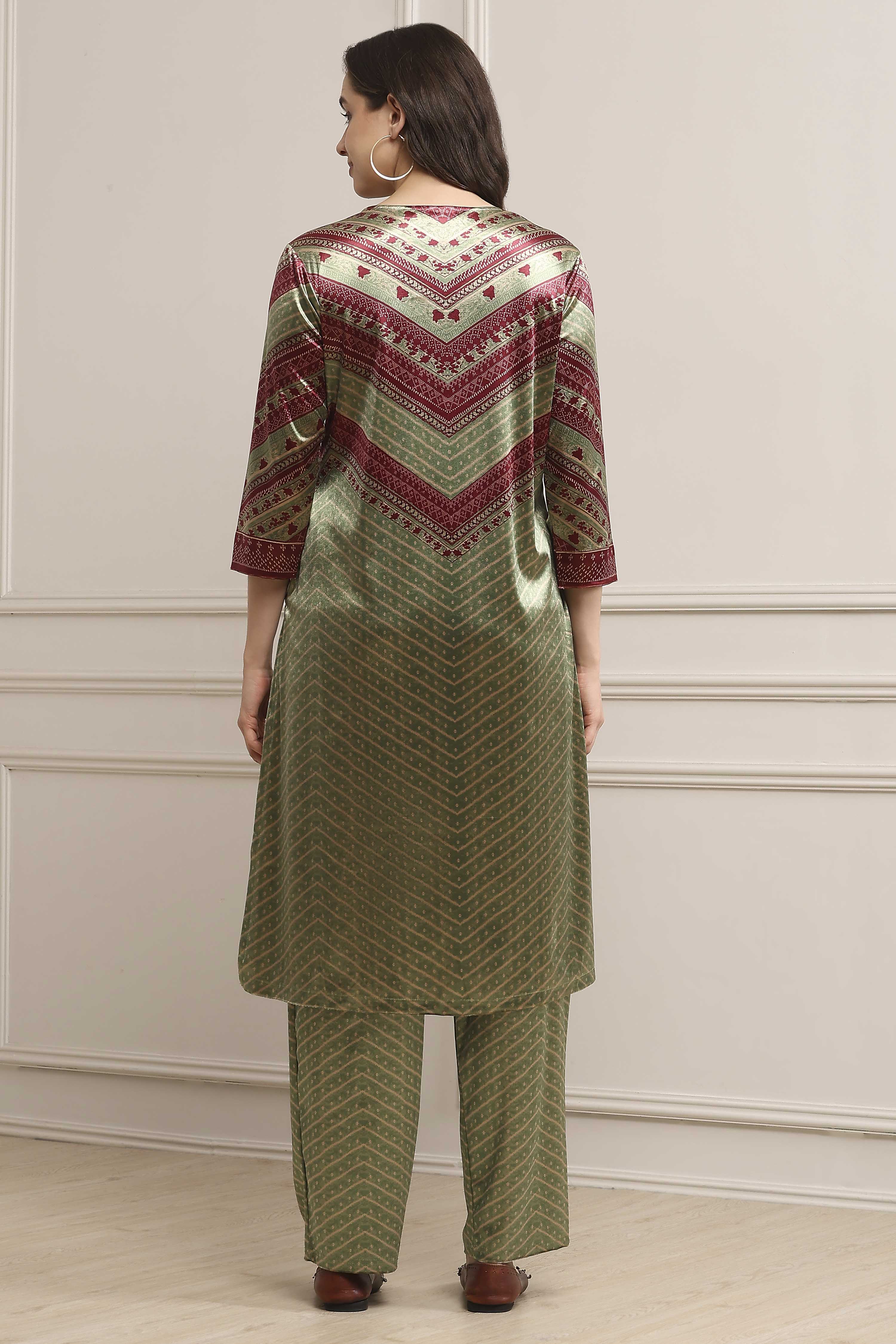 Mint Green Blended Straight Printed Kurta Pants Set image number 4
