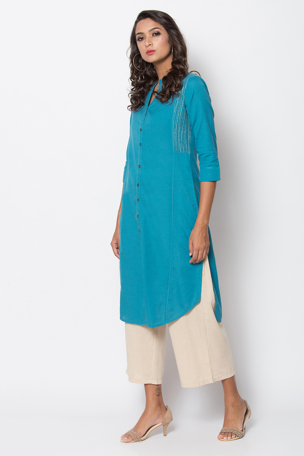 Teal Cotton Flax Front Open Solid Kurta image number 3