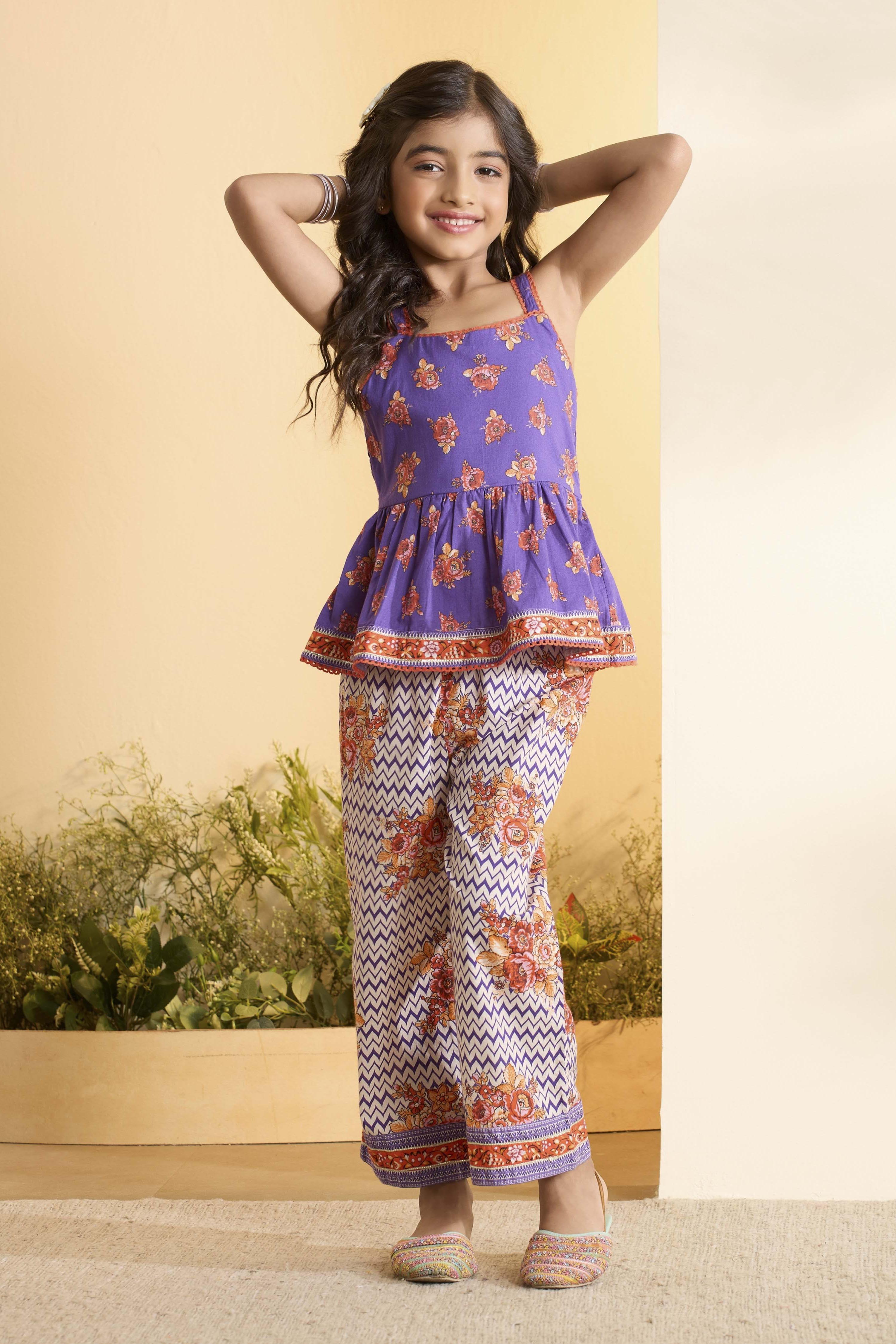Purple Cotton Peplum Kurta Set image number 6