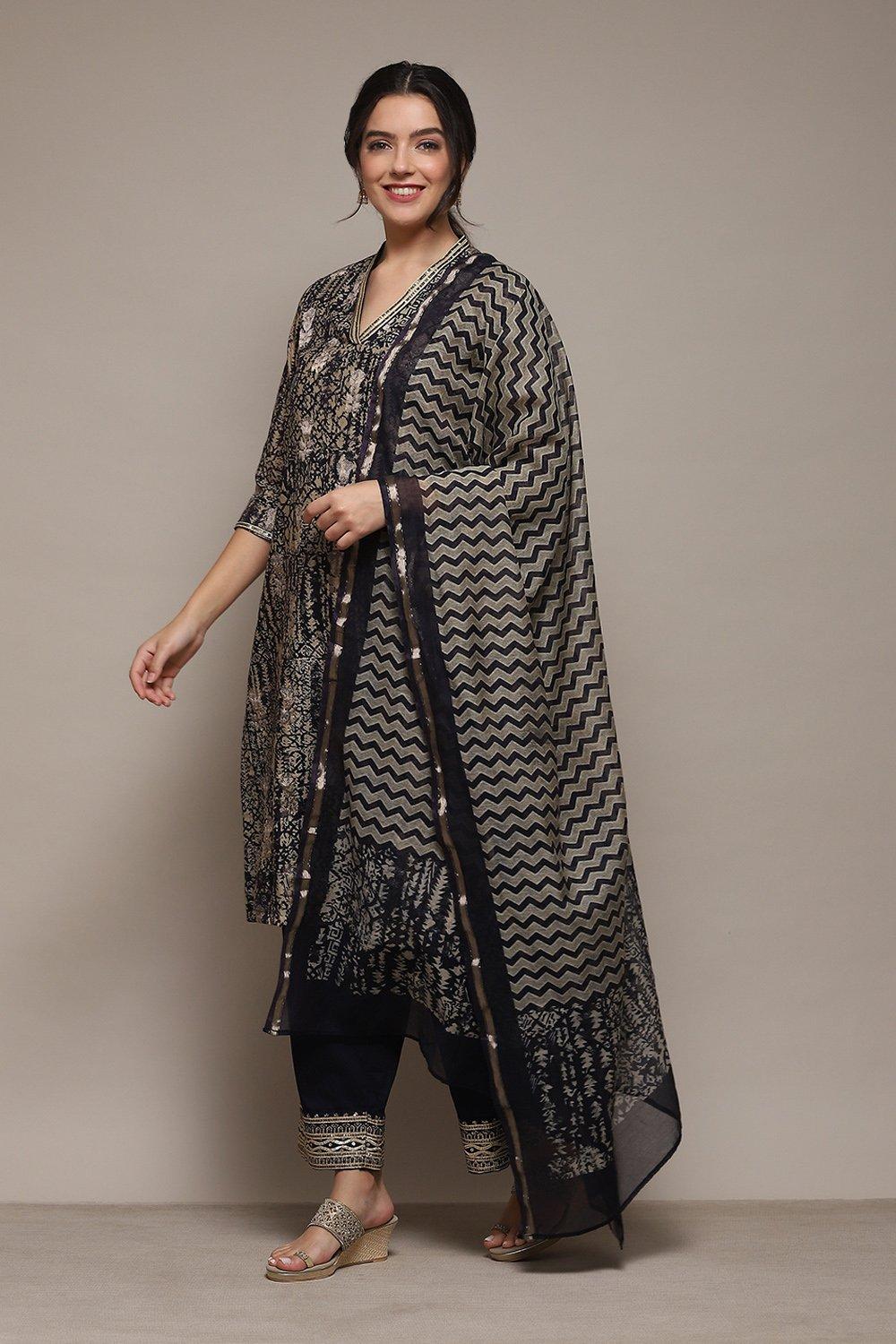 Buy Indigo Cotton Blend Kalidar Printed Kurta Palazzo Suit Set for ...