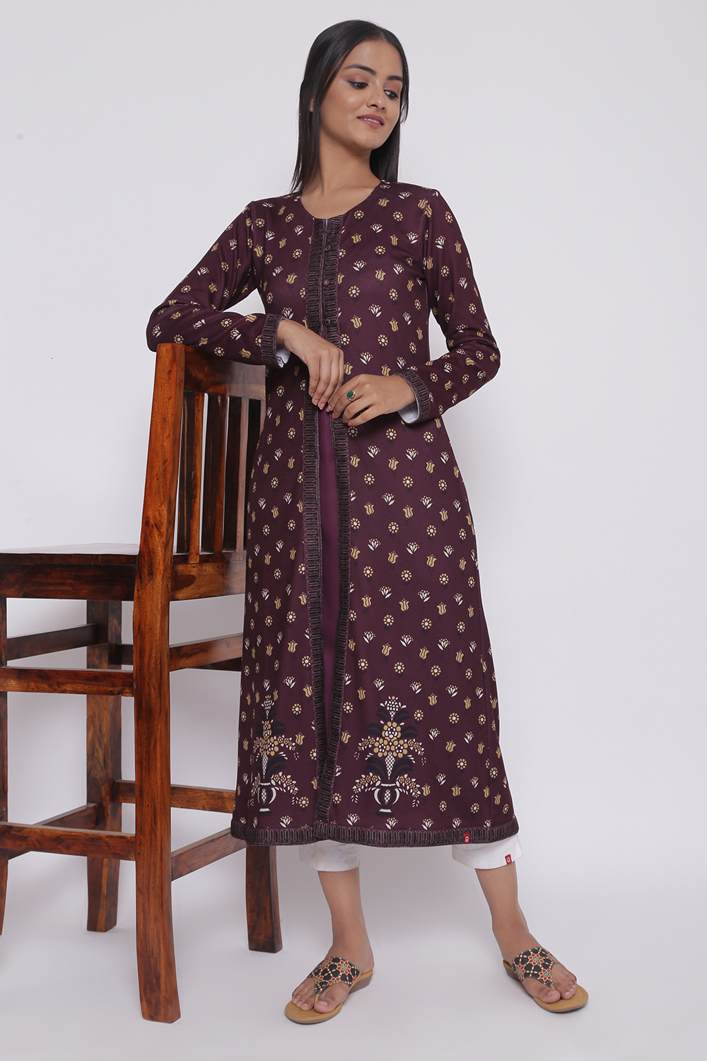 Plum Printed Winter Yarndyed Kurta image number 2