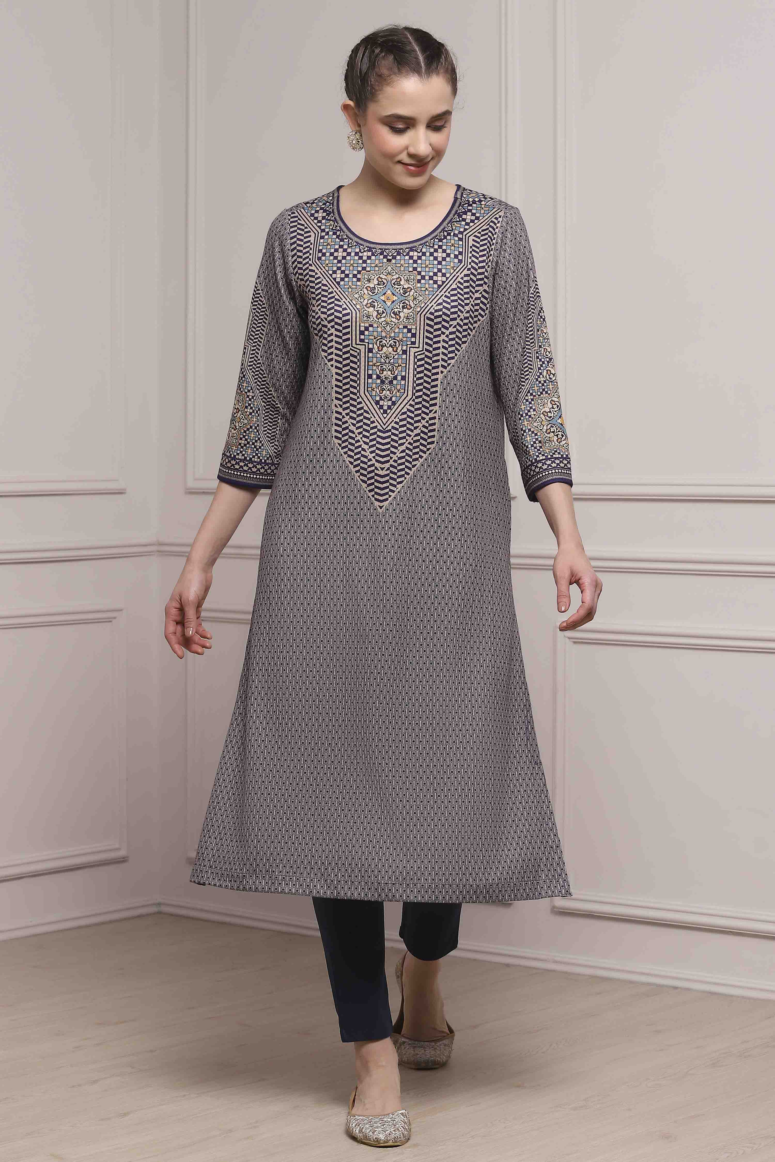 Blue Polyester Straight Printed Kurta image number 0