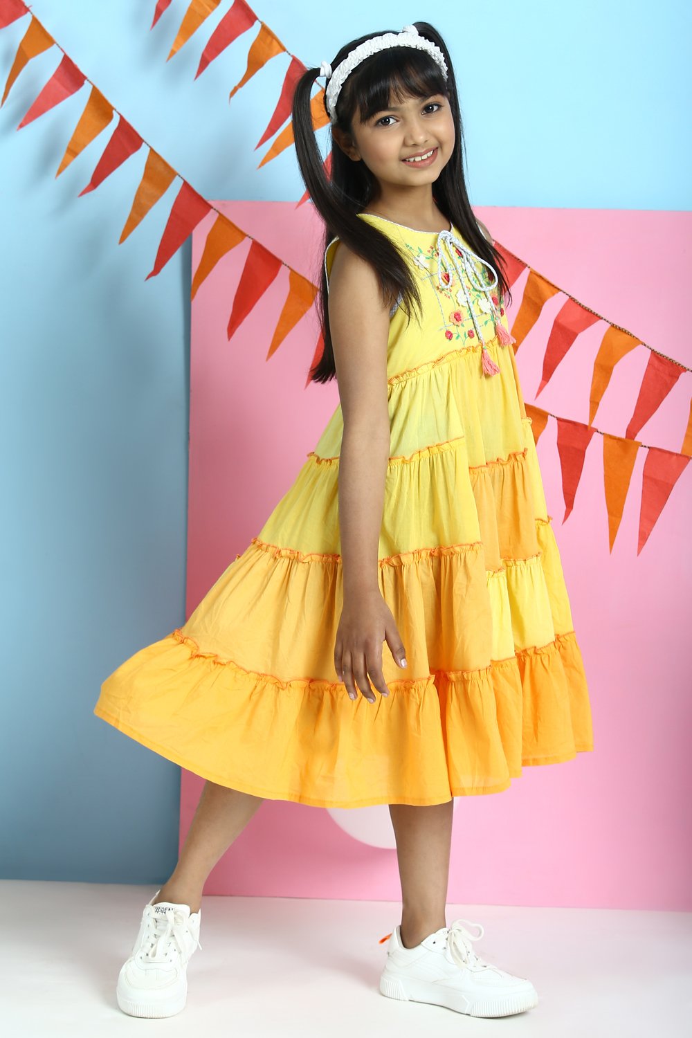 Yellow Cotton Tiered Dress image number 0
