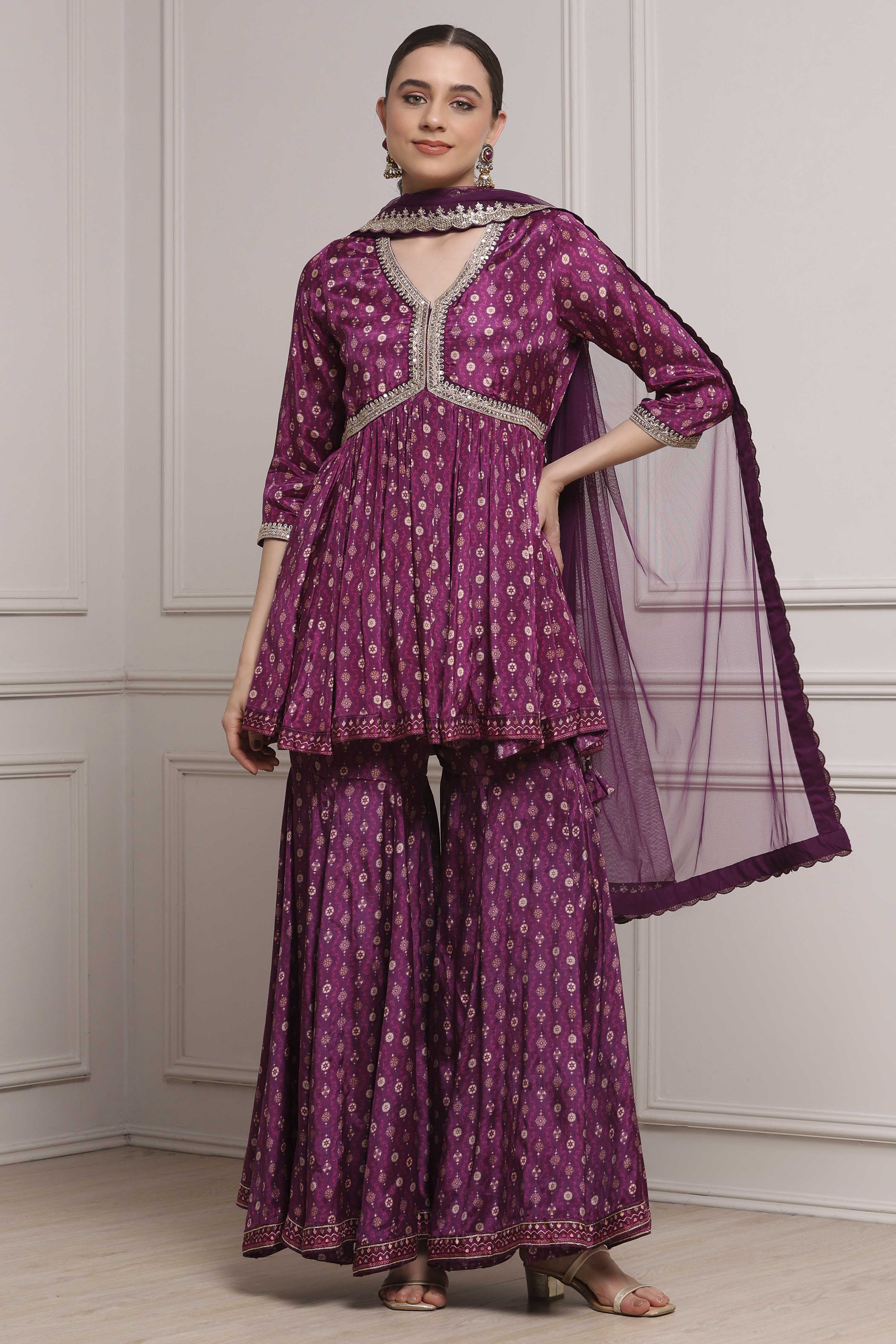 Purple Viscose Rayon Printed Peplum Fusion Set image number 6