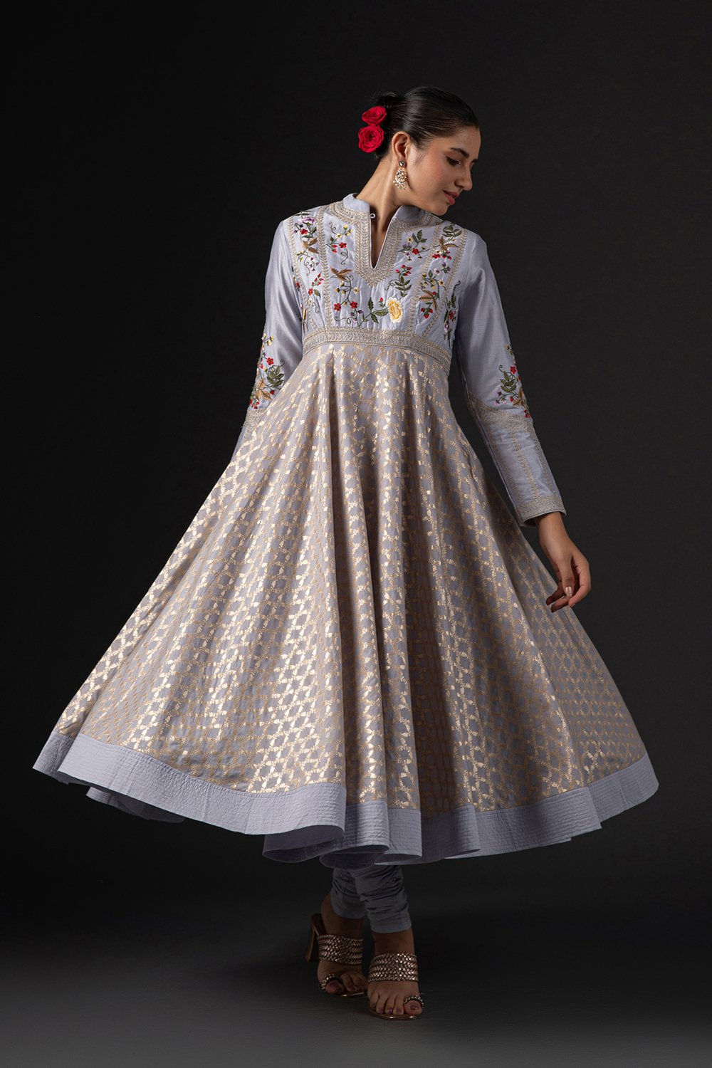 Rohit Bal Blue Cotton Silk Anarkali Embroidered Suit Set image number 10