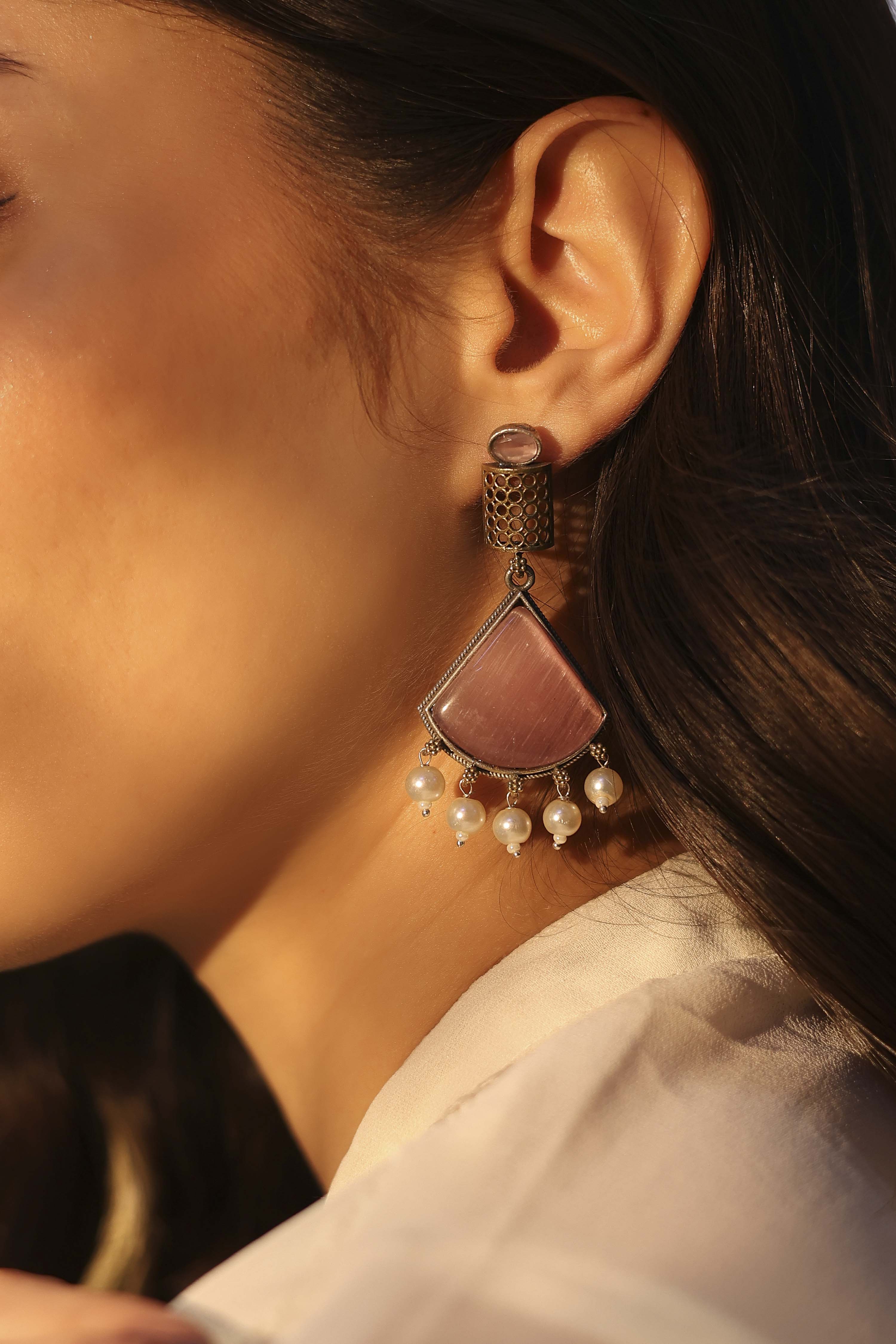 Pink Brass Oxidised Drop & Danglers image number 1