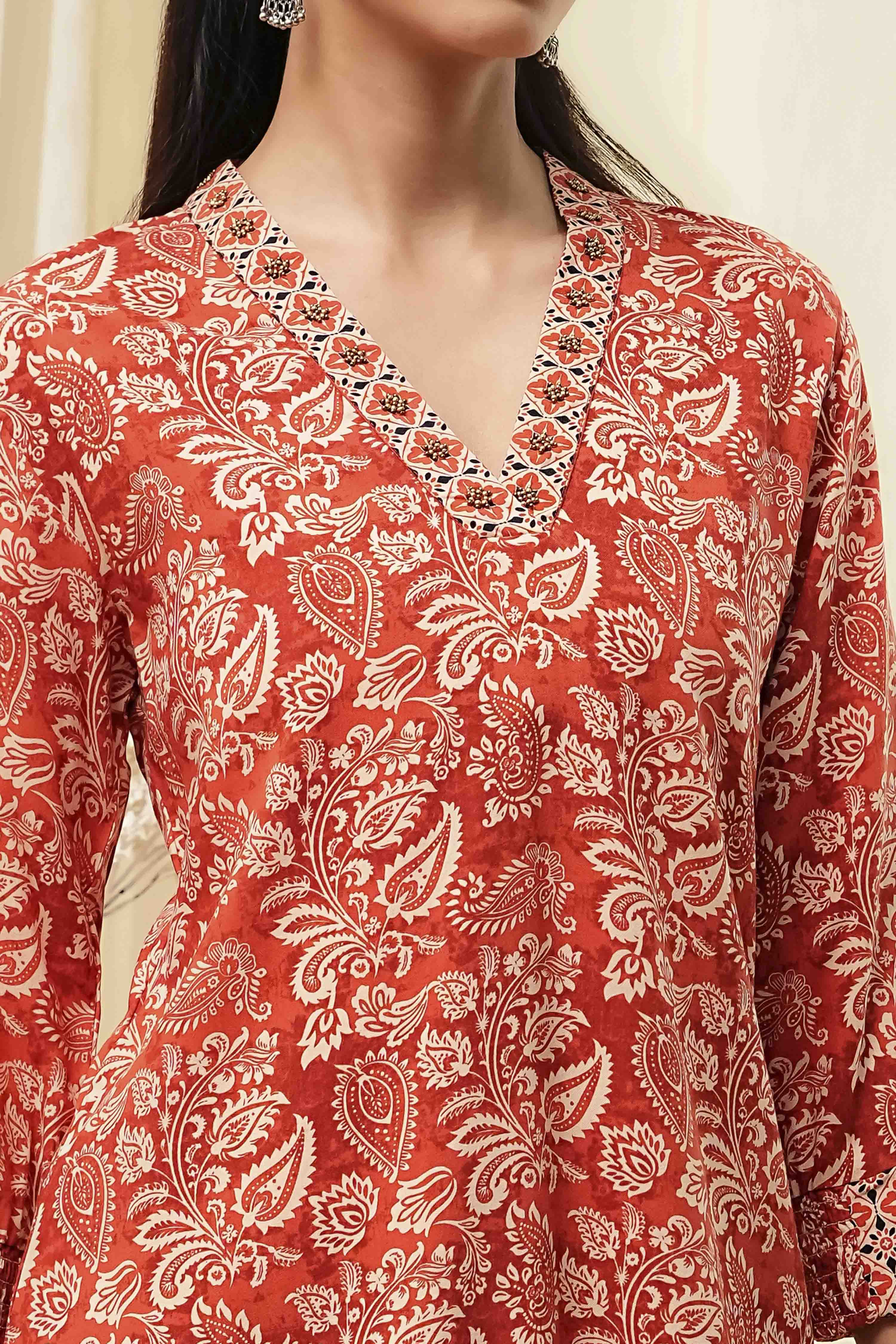 Rust Printed Straight Short Kurta image number 1
