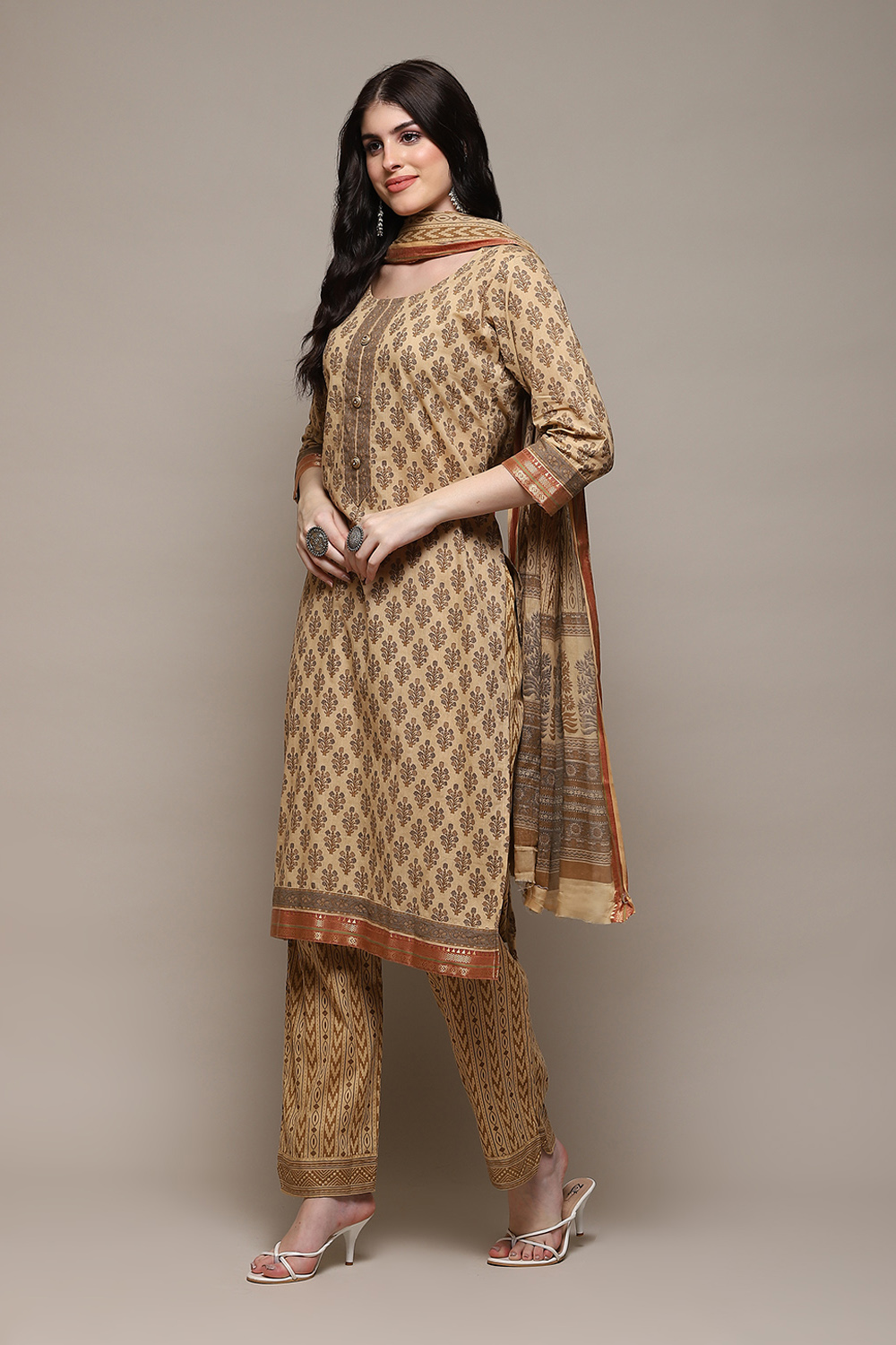 Coffee Brown Cotton Hand Embroidered Unstitched Suit Set image number 6