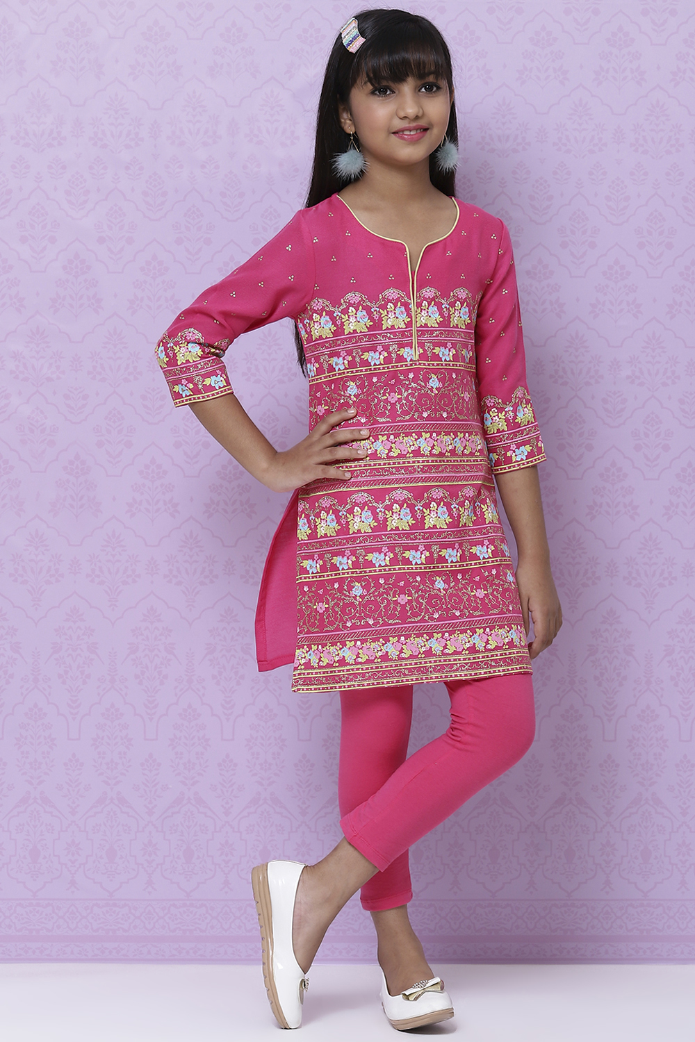 Pink Art Silk Printed Tunic And Leggings Set image number 0