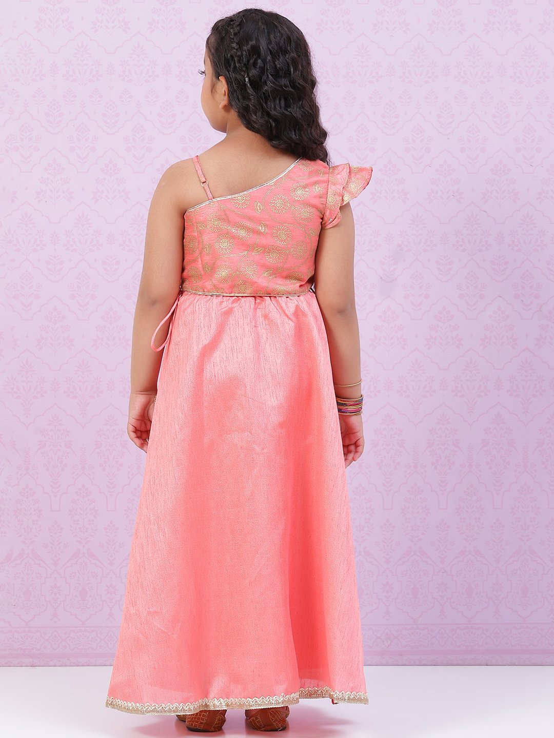 Peach Art Silk Girls Lehenga Set image number 4