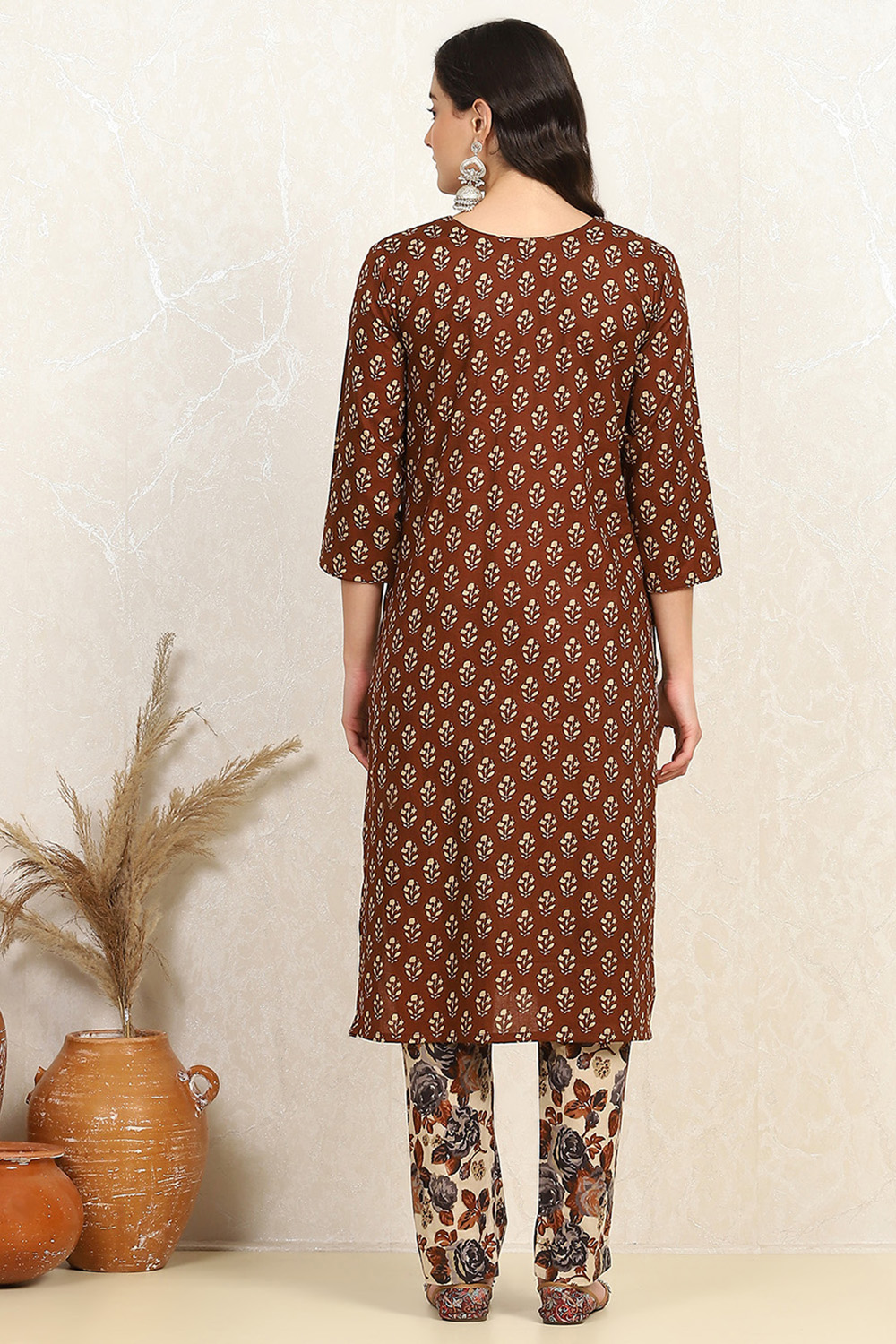 Rust Cotton Unstitched Suit Set image number 5