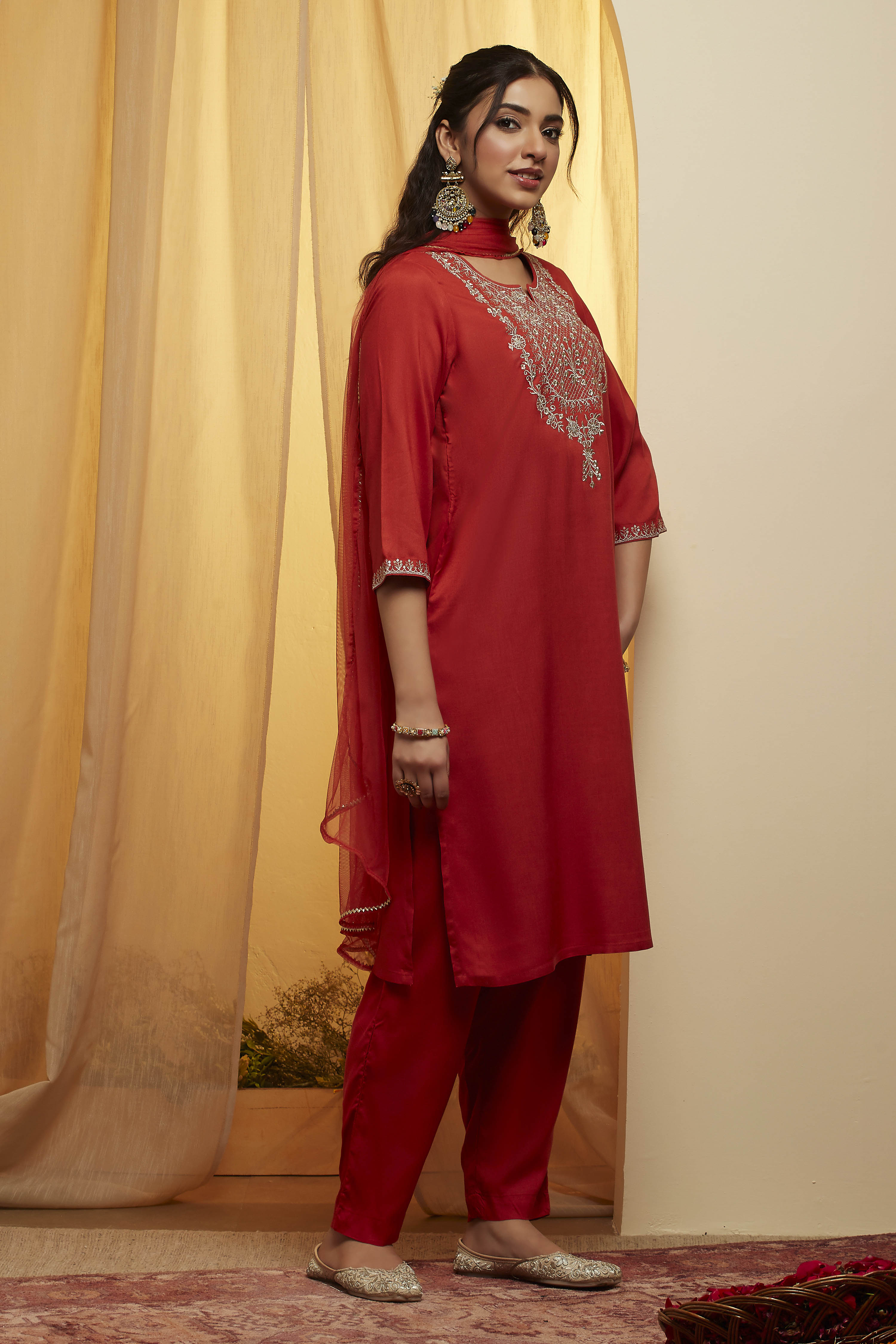 Red Solid Rayon Embroidered Yoke Kurta Set image number 4