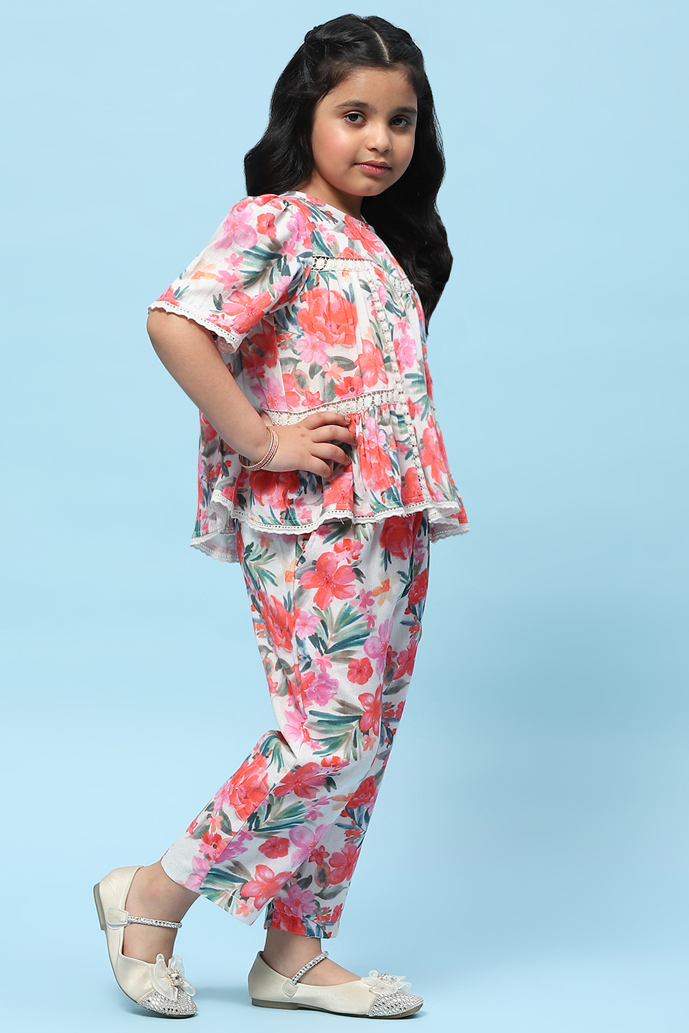 Off-White Pure Cotton Floral Print Top and Pant Set at Biba India