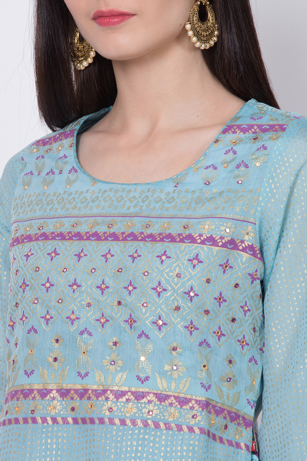 Blue Art Silk Flared Printed Kurta image number 1