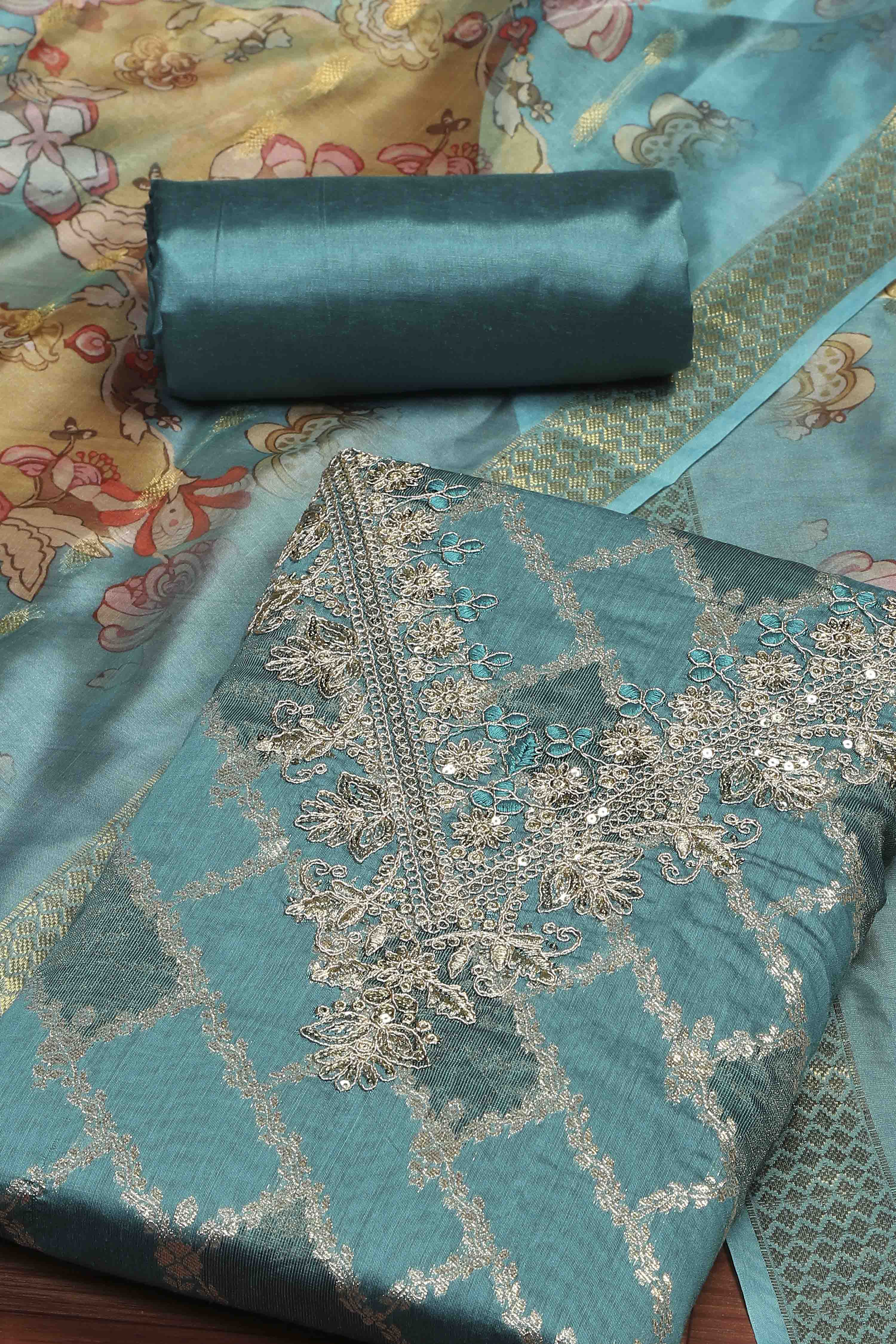 Olive Organza Unstitched Suit Set image number 1