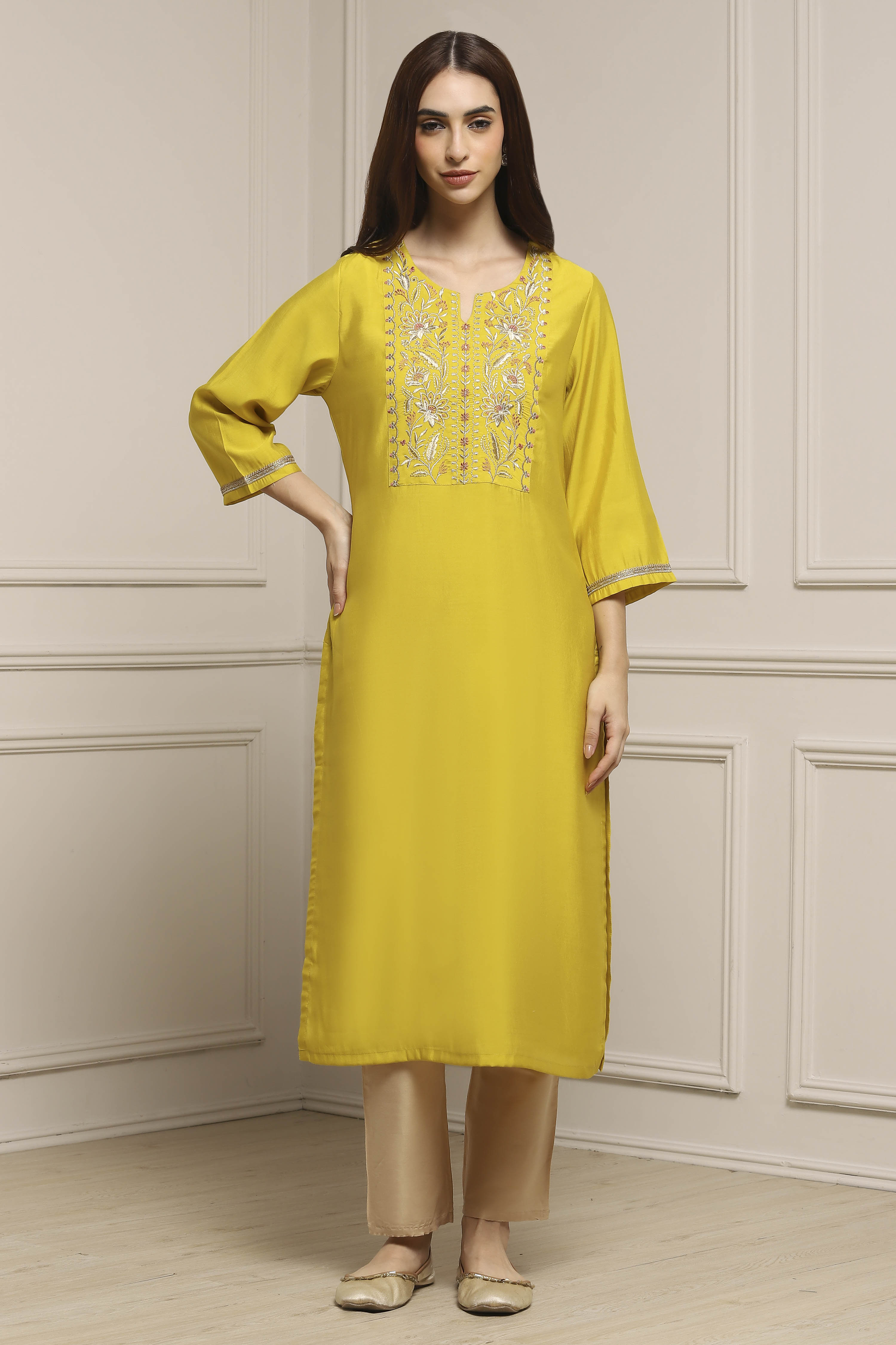 Lime Green Viscose Blend Straight Kurta image number 5