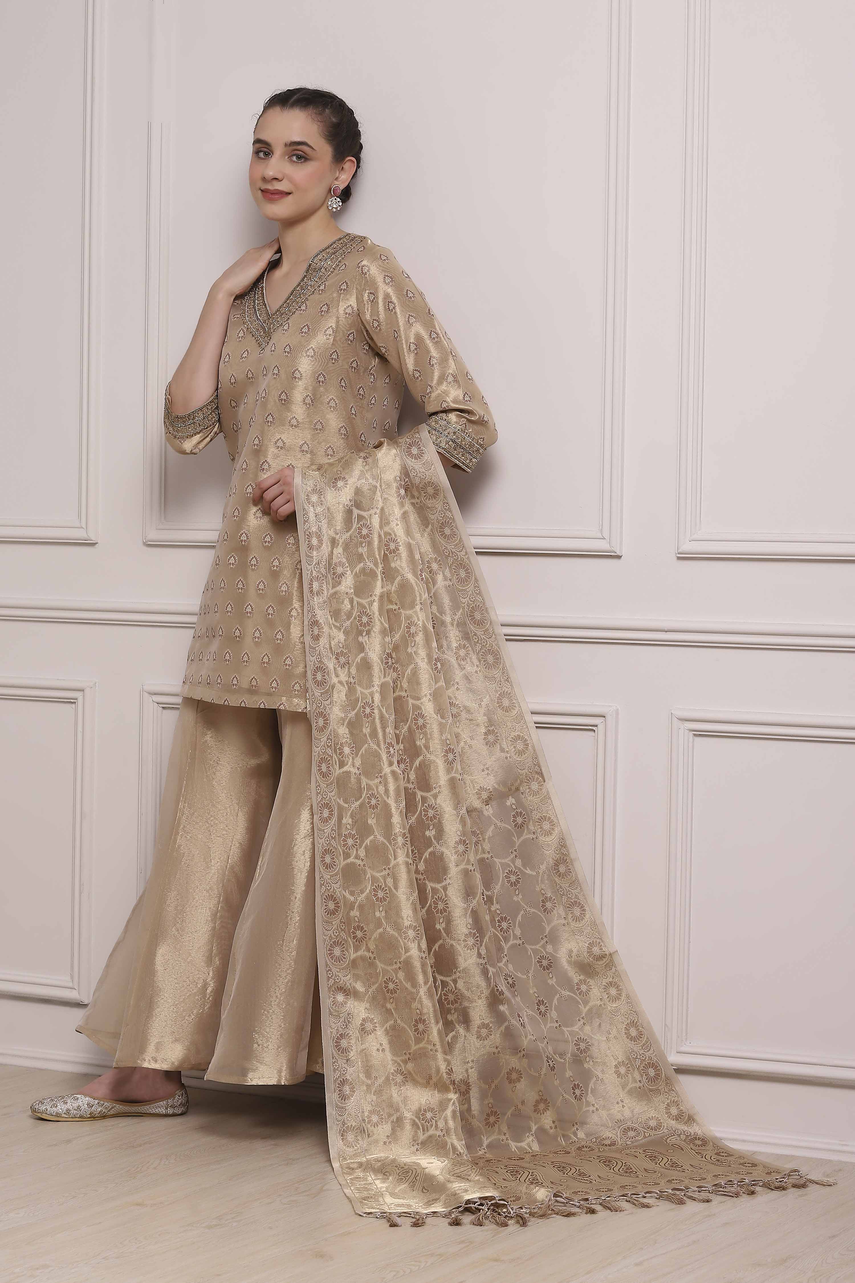 Gold Cotton Straight Yarndyed Sharara Suit Set image number 0