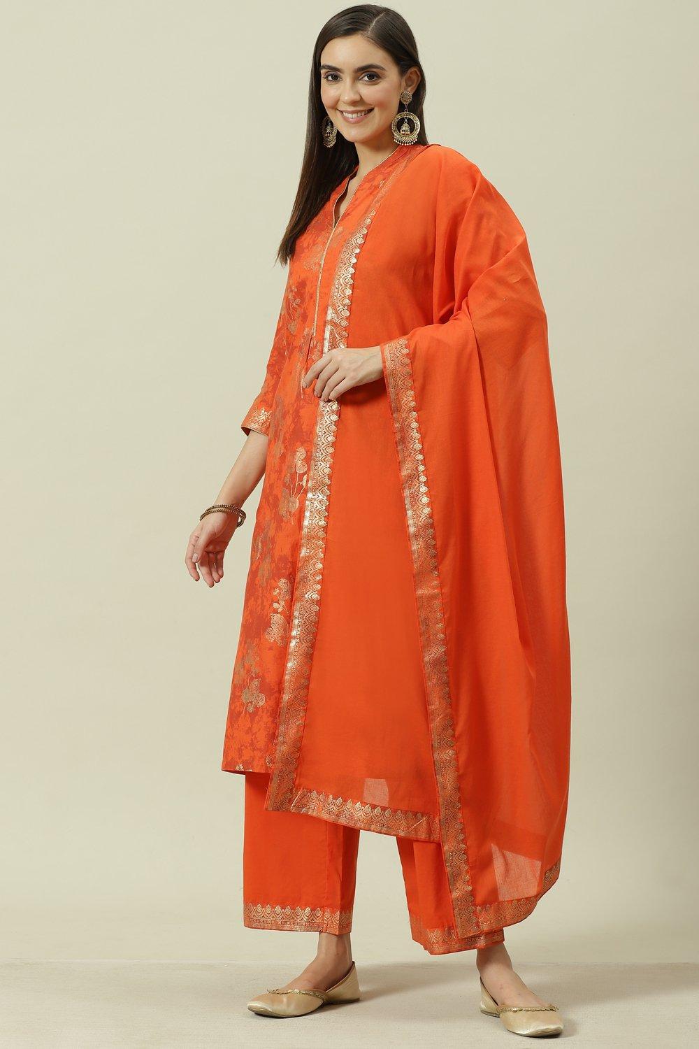 Peach Printed Cotton Straight Kurta Palazzo Suit Set image number 5