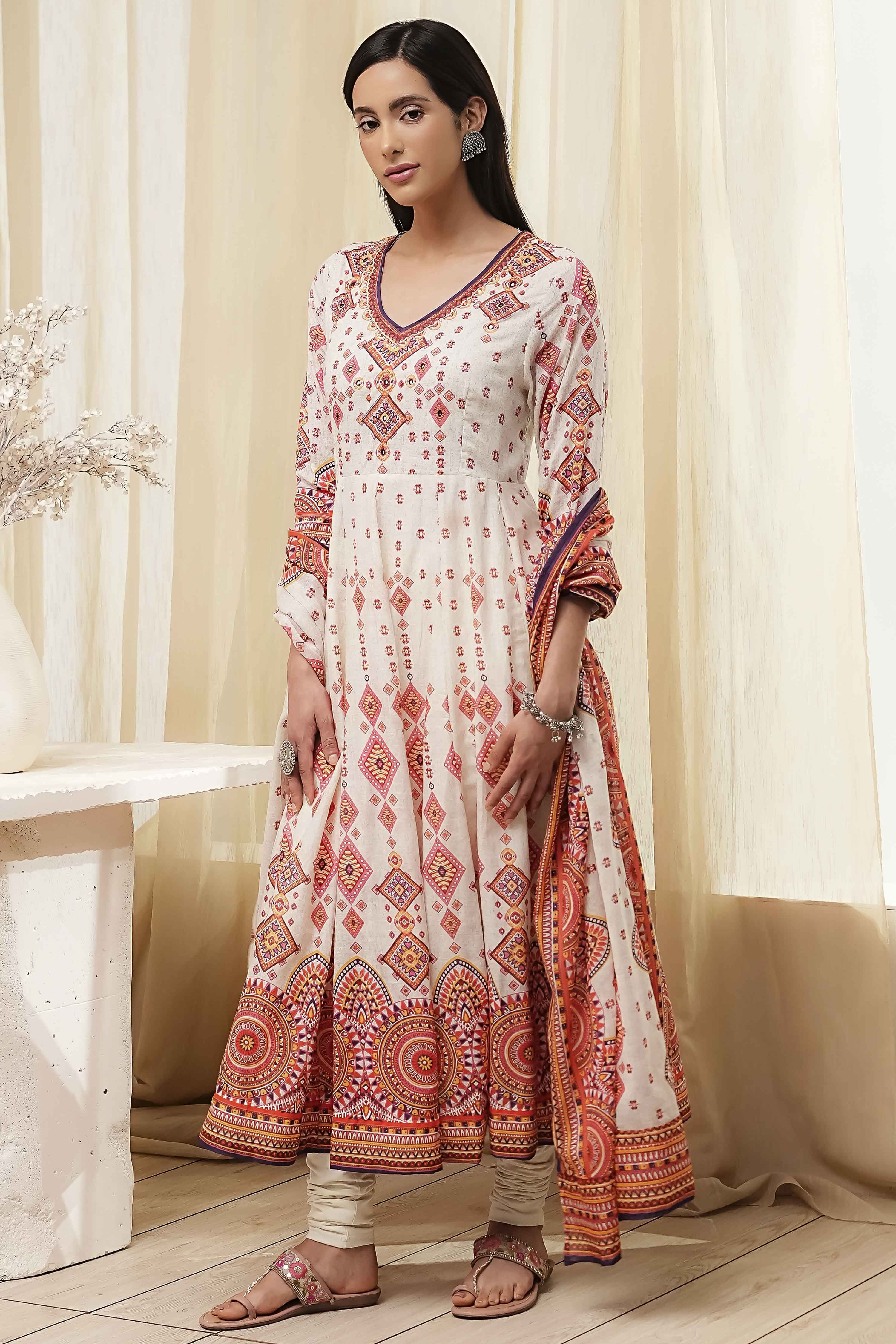 Ecru Cotton Printed Anarkali Suit Set image number 3