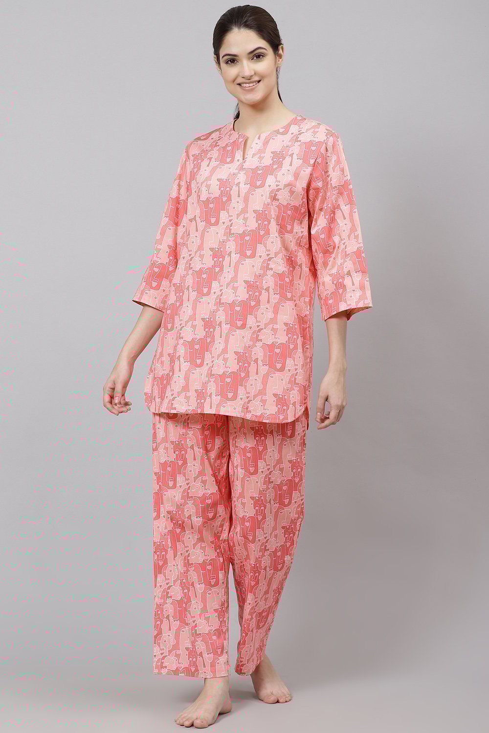 Pink Straight Cotton Three Piece Printed Sleepwear Set image number 3