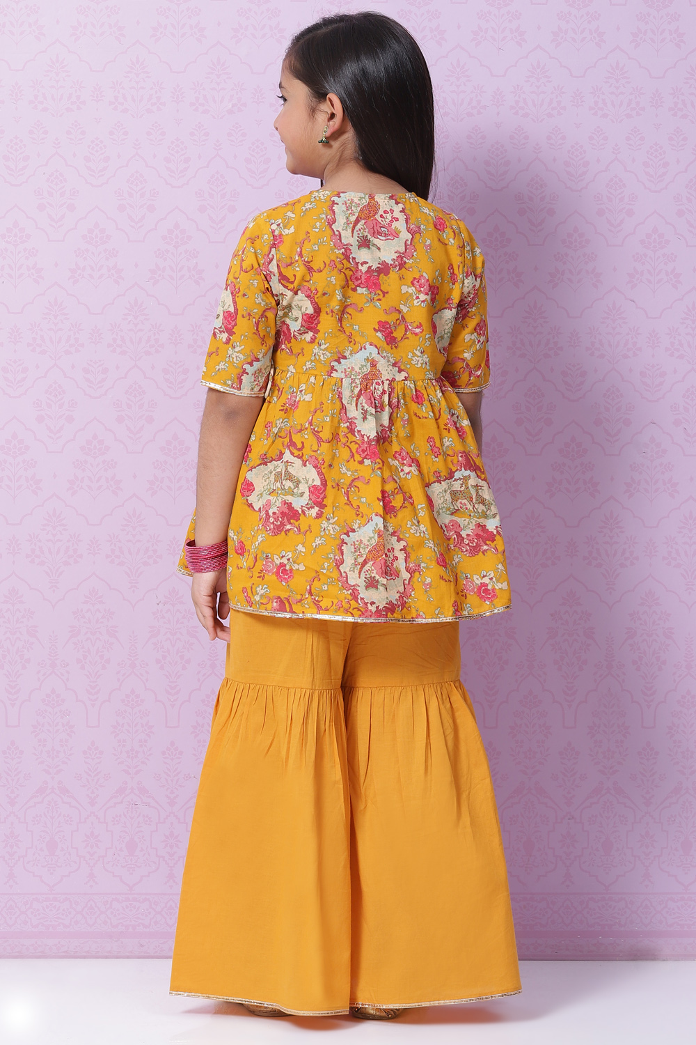 Yellow Cotton Flared Printed Kurta Set image number 4