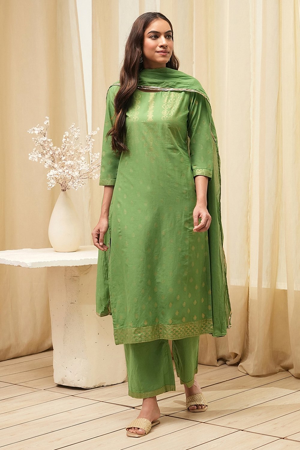 Blue Cotton Straight Kurta Palazzo Suit Set image number 6