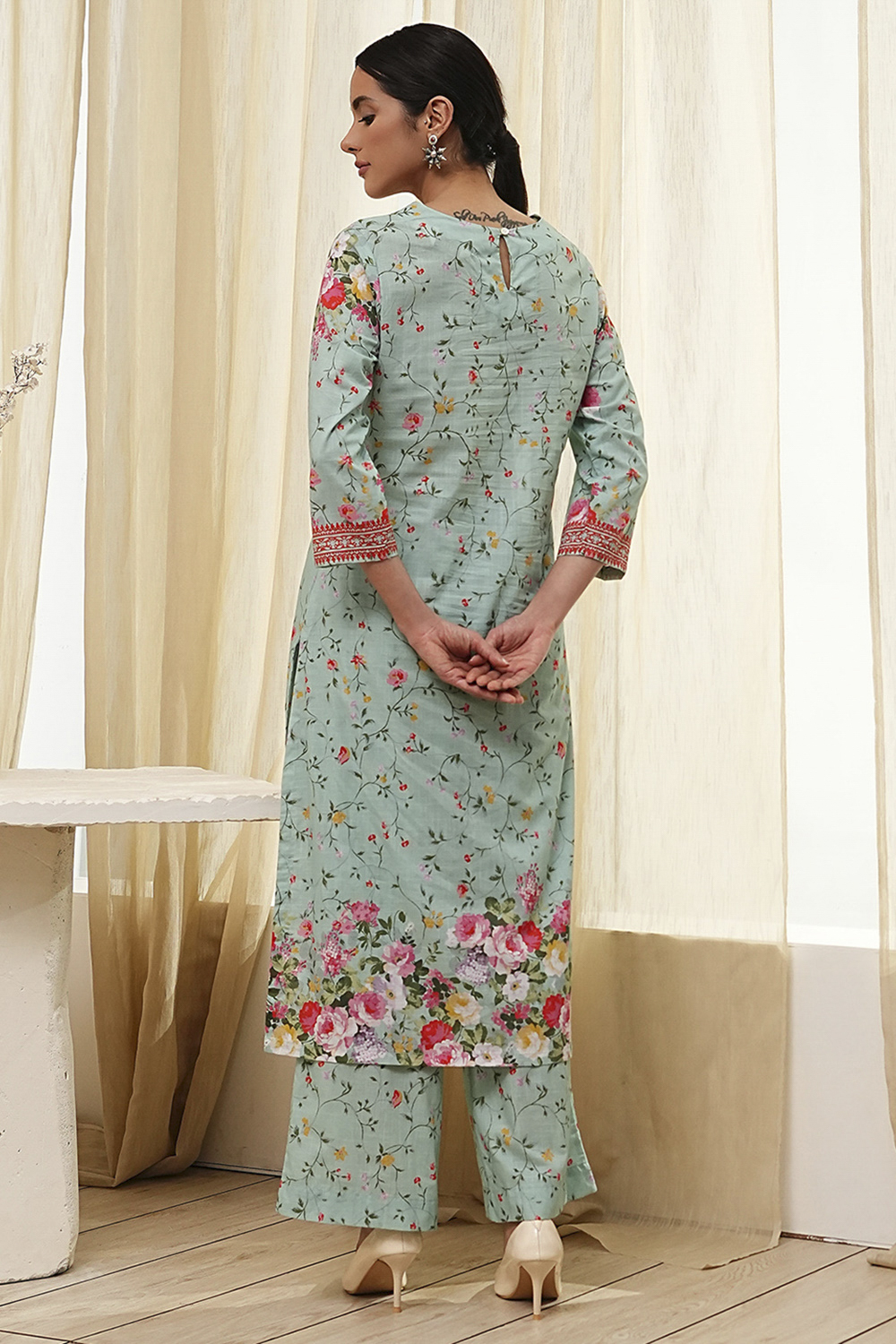 Turquoise Cotton Floral Printed Straight Suit Set image number 4