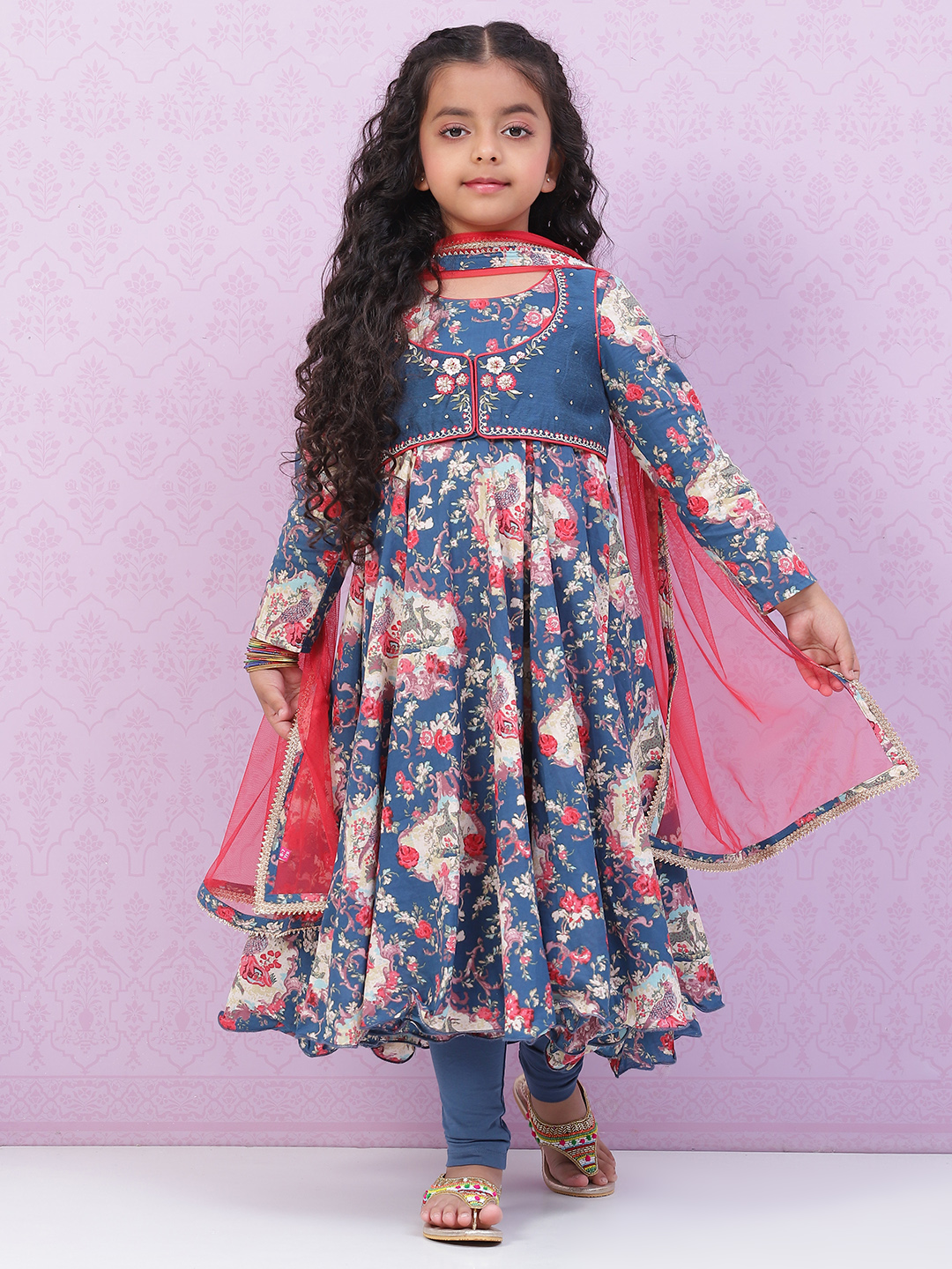 Marine Blue Cotton Flared Kurta Churidar Suit Set