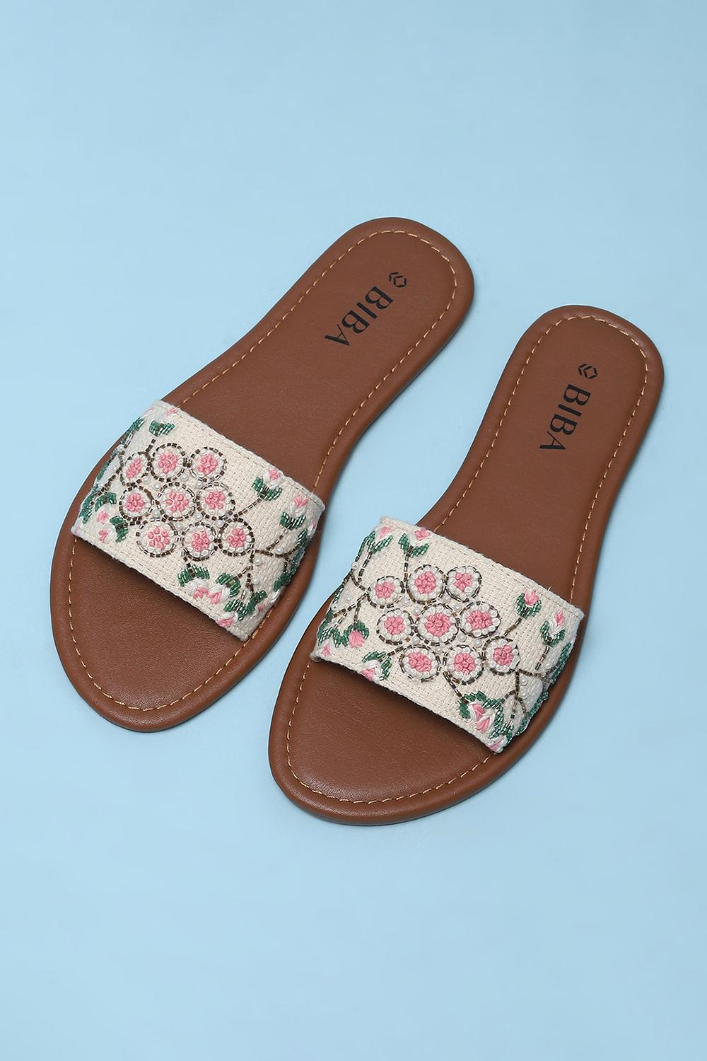 Off White Embroidered Sandals image number 5