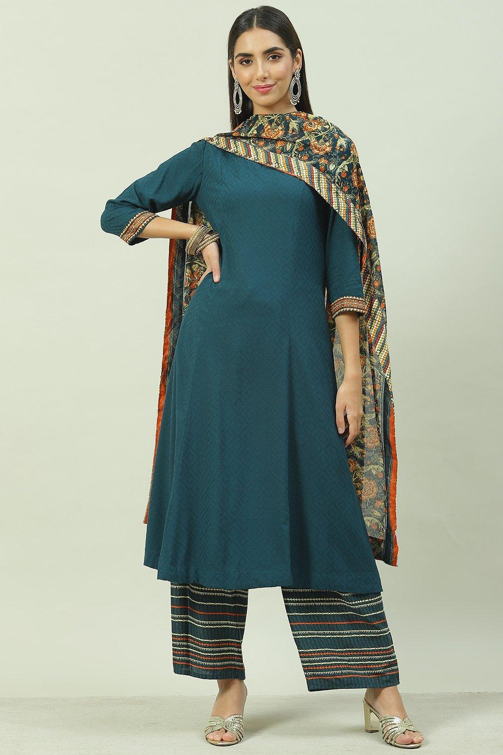 Teal LIVA Straight Kurta Palazzo Suit Set image number 0