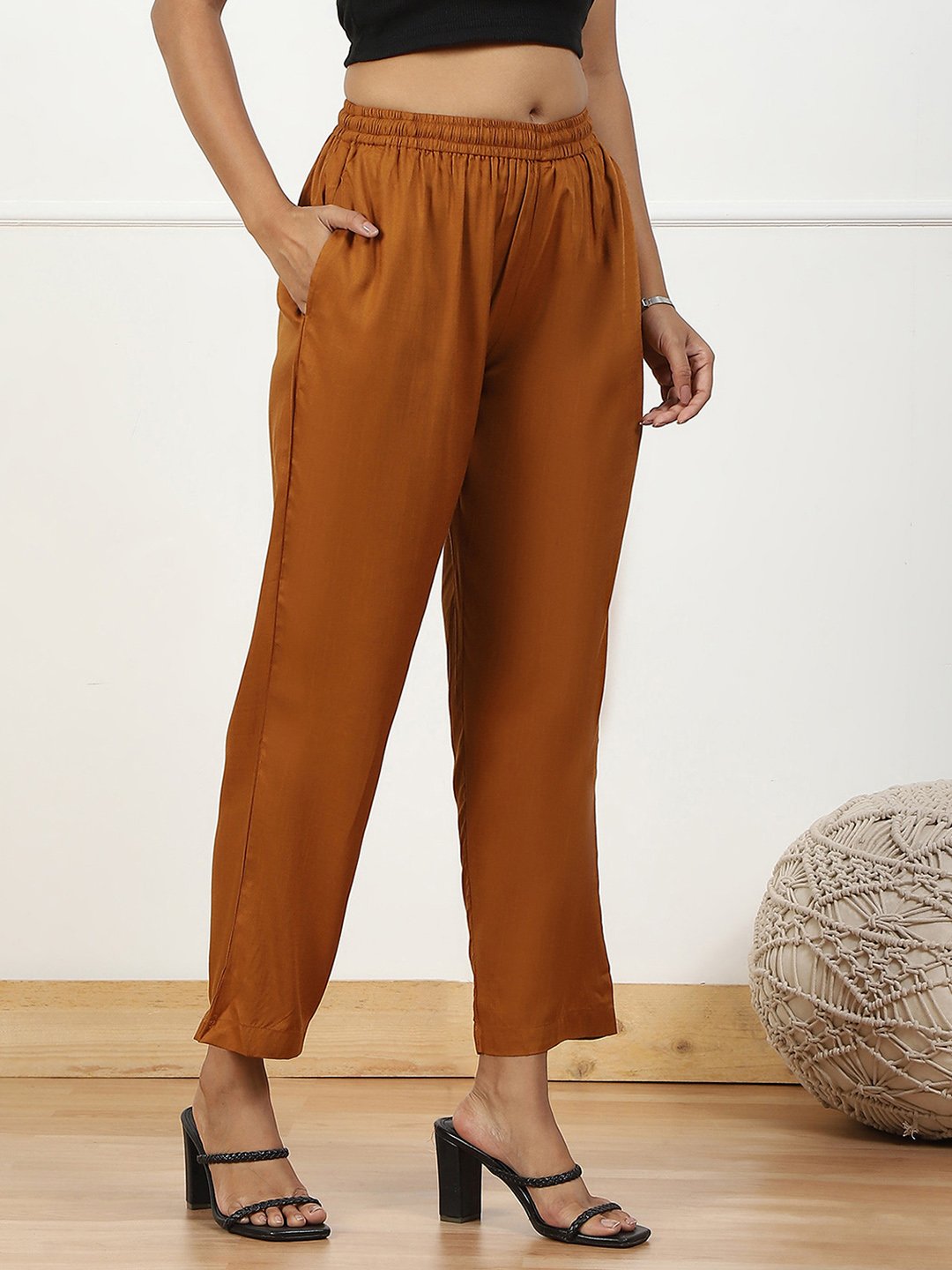 Tan Brown Mid-Rise Straight Palazzo image number 3