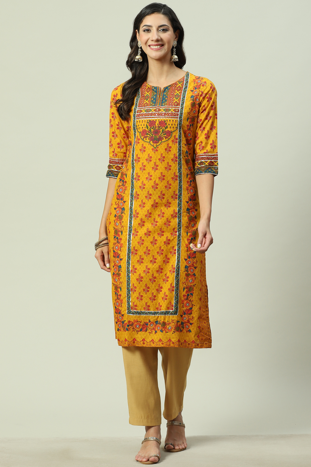 Mustard Cotton Straight Printed Kurta image number 5