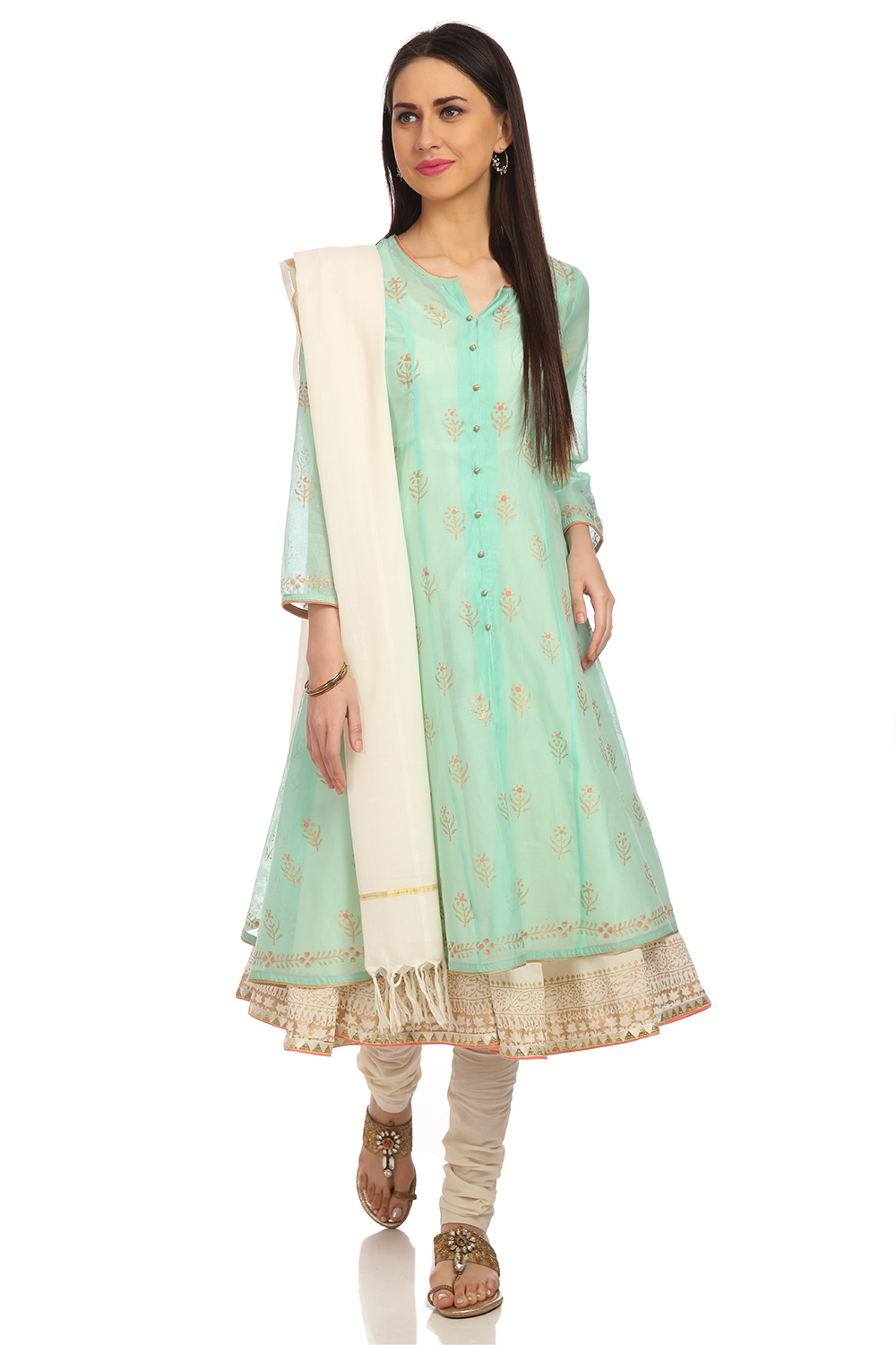Coral Pink Front Open Cotton Kurta Churidar Suit Set image number 0