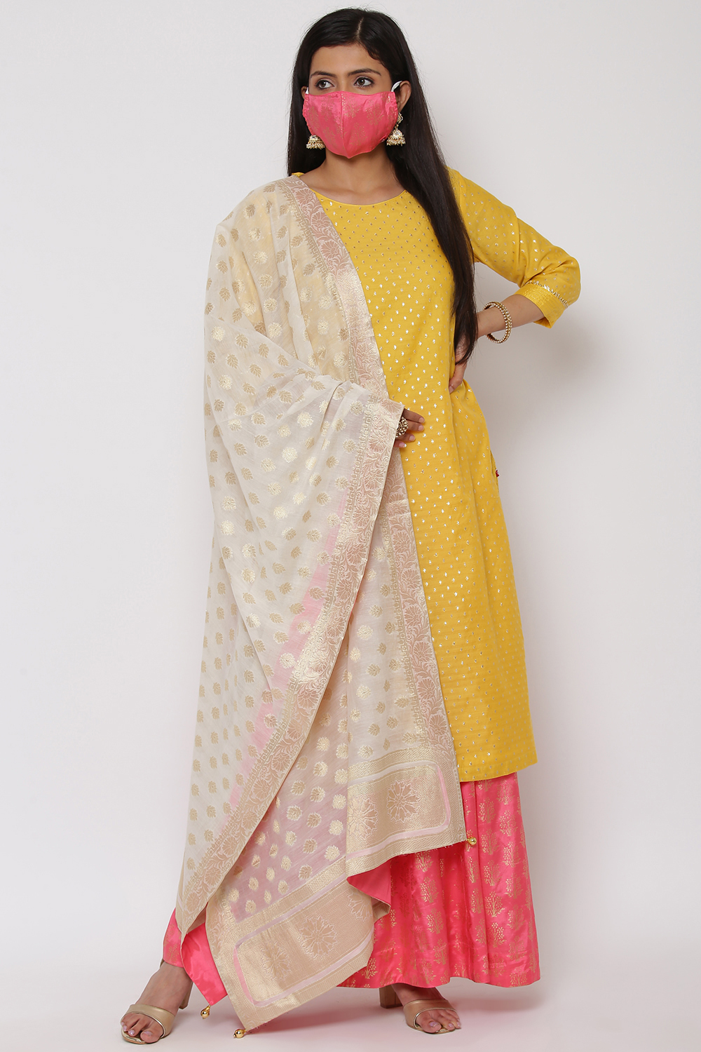Yellow Poly Cotton Kurta Sharara Suit Set image number 5