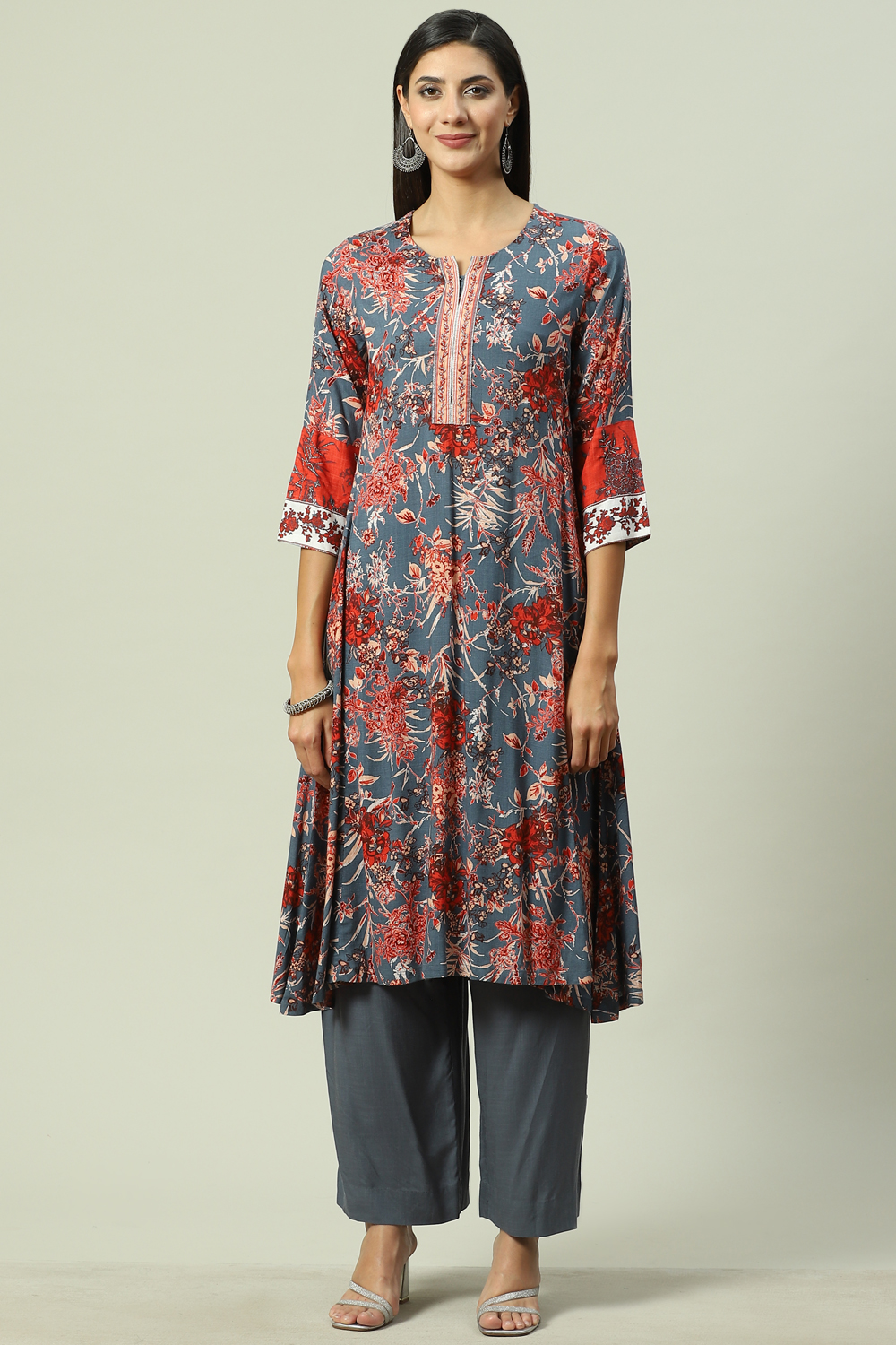 Grey LIVA A-Line Kurta Palazzo Suit Set image number 6