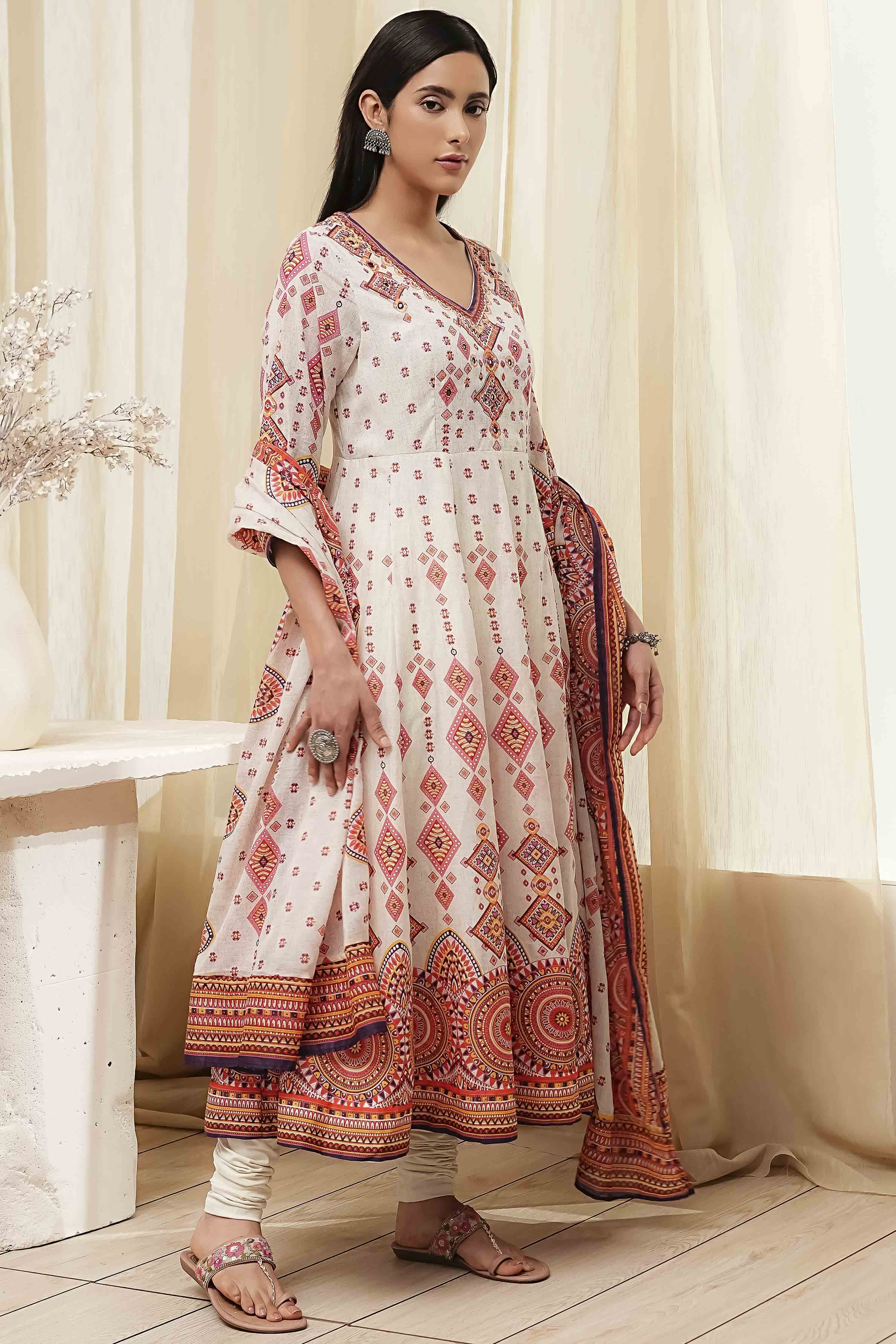 Ecru Cotton Printed Anarkali Suit Set image number 5